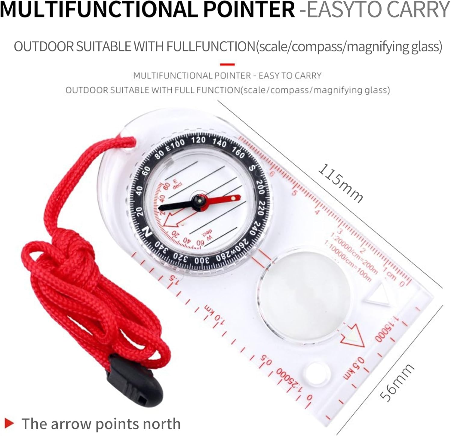 DOETYD Navigation Compass Map Ruler Magnifier with Adjustable Lanyard for Explorer Outdoor Adventure Enthusiasts, Navigation Compass for Map Reading Orienteering Survival, Red image number 6