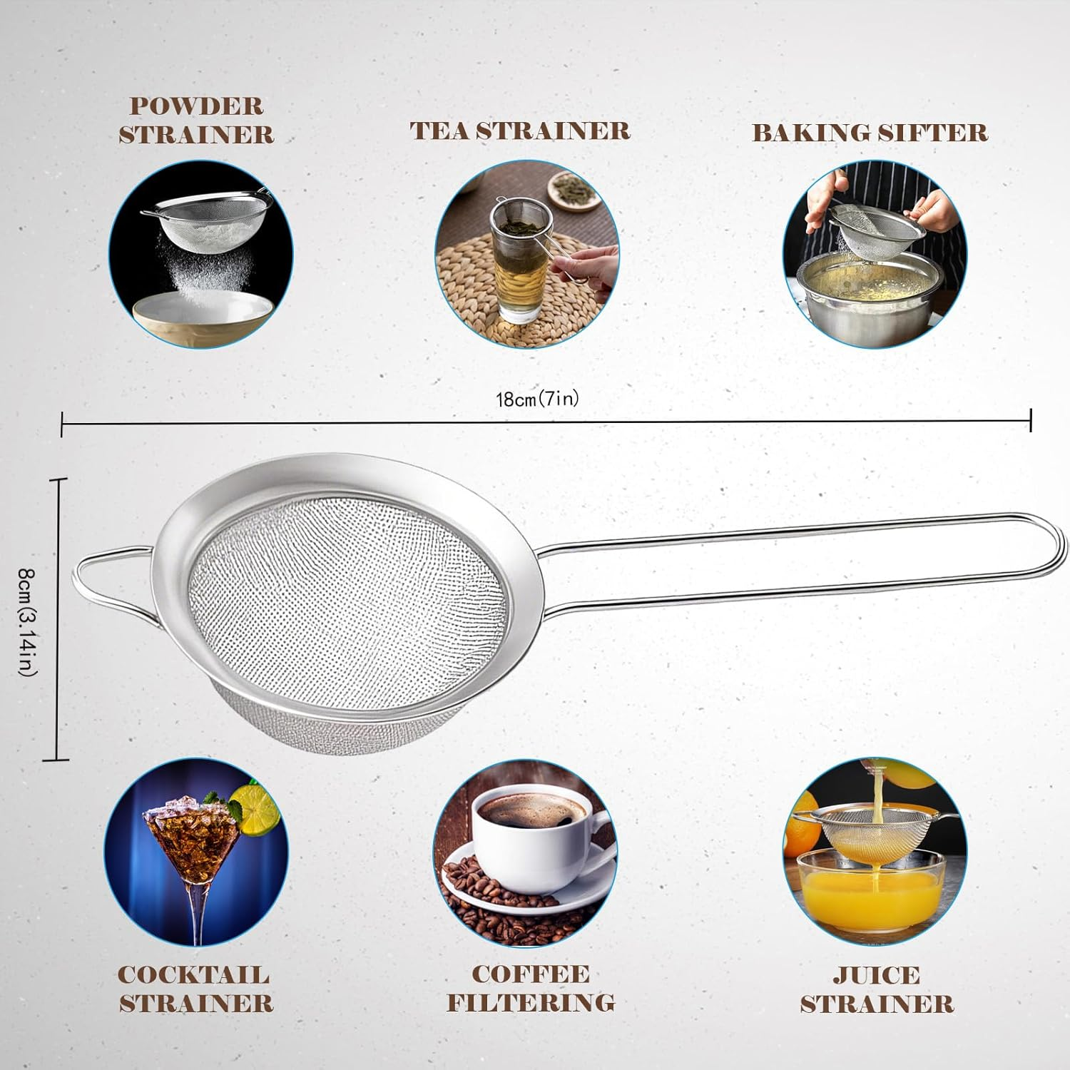 Loimon Stainless Steel Fine Mesh Strainer Sieve for Kitchen & Cocktails - 8Cm Filter Screen with 26Cm Ergonomic Handle | Coffee Tea Juice Filter | Dishwasher Safe & Rustproof (Silver) image number 5