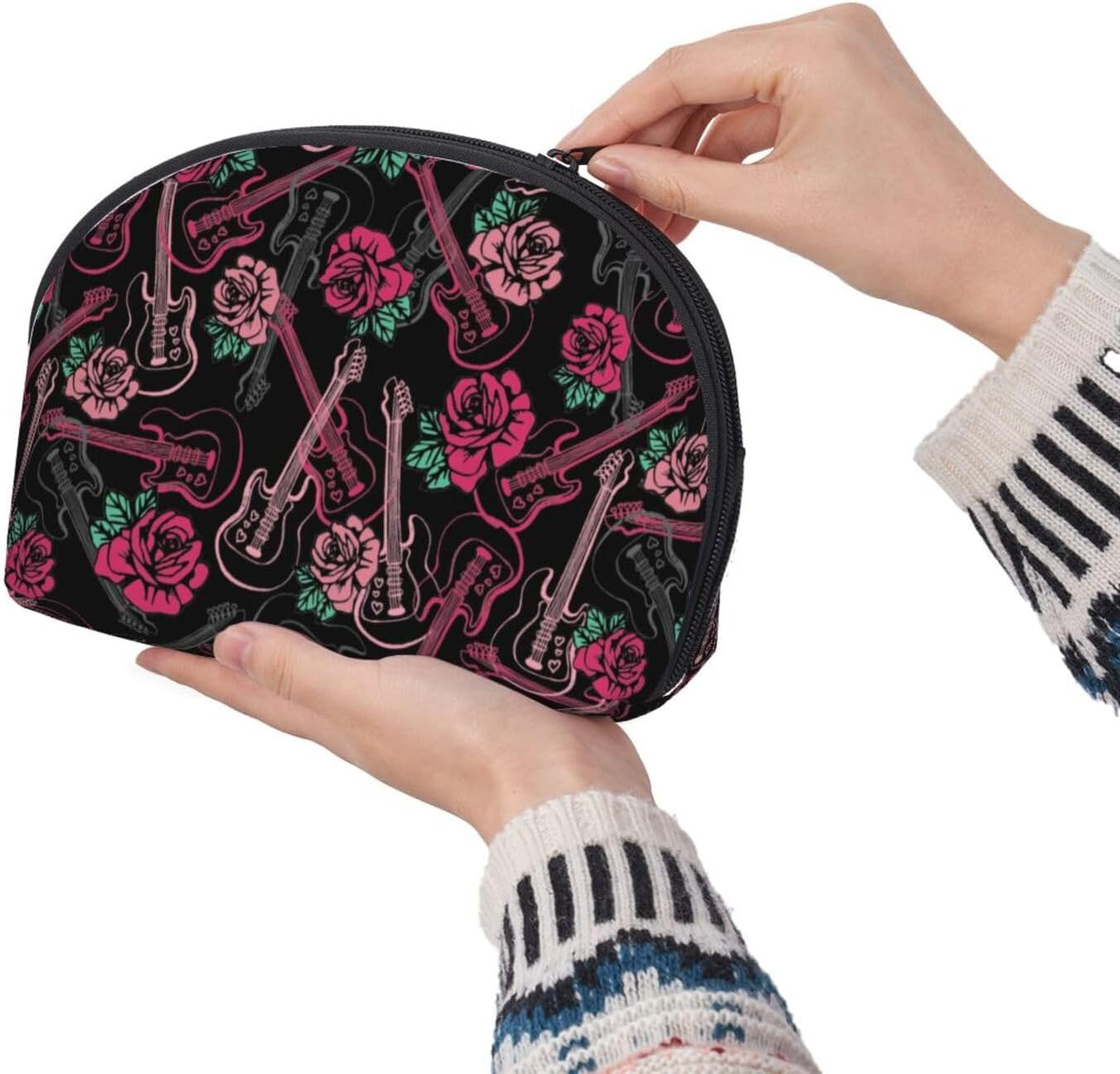 Cozimangoe Coin Pouch Makeup Bags Set, 2 Piece Shell Shape Cosmetic Bag with Pockets for Daily Travel Handbag Lipstick Keys Toiletry, Personalized Guitar and Rose image number 4