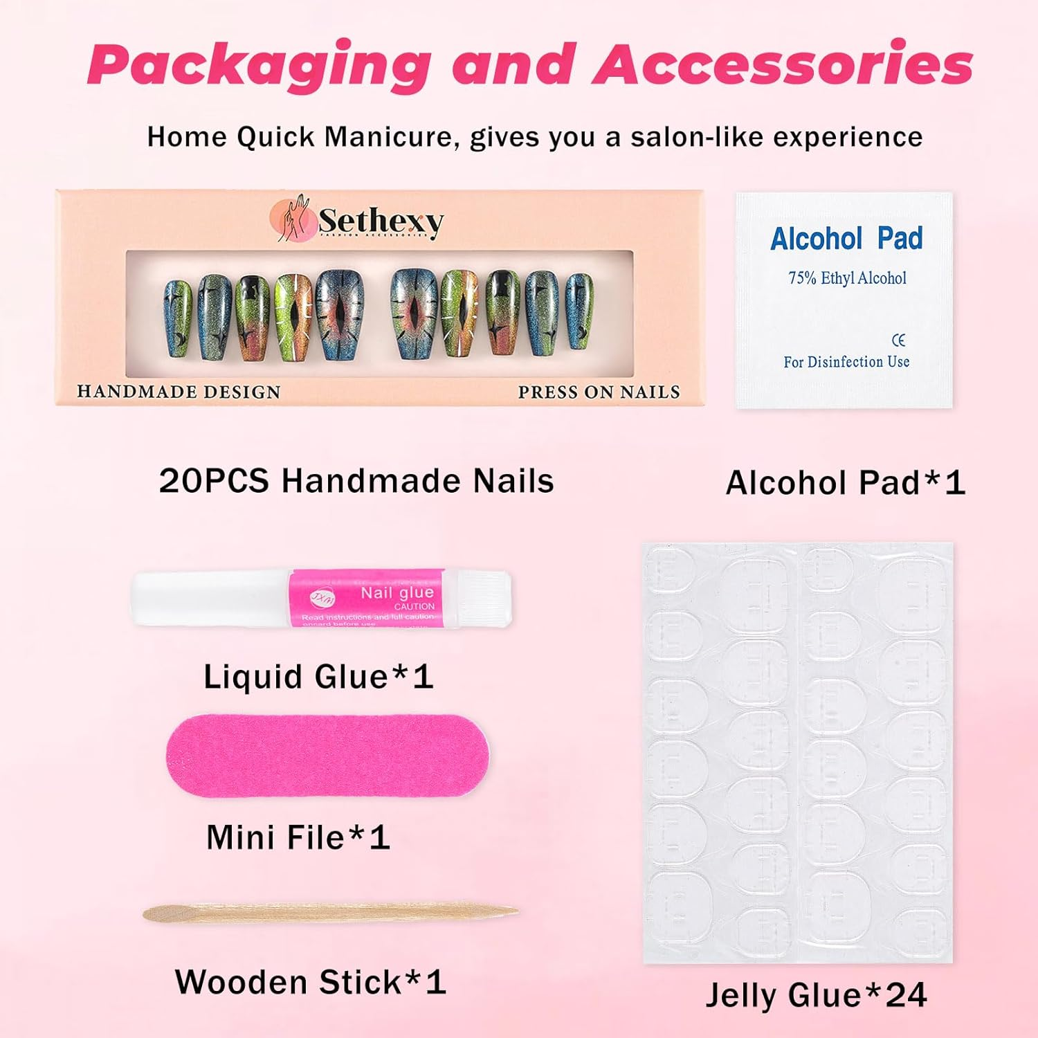 Sethexy Long Coffin Cat Eye False Nails Handmade Painted Sparkling Acrylic Shiny Press on Nails for Women and Girls 20 Pieces (T) image number 3