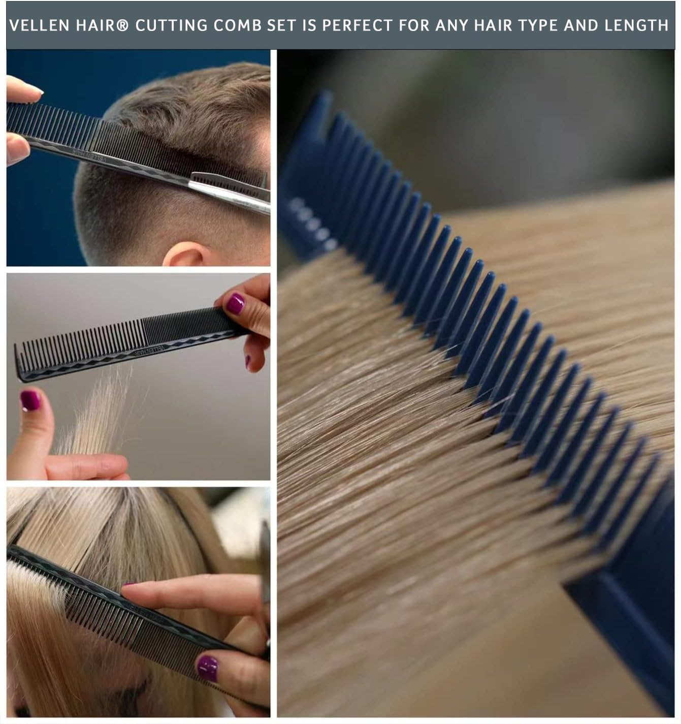 Vellen Hair Ultimate Cutting Comb for Men Women, Unbreakable PEI Material 430&deg;F Heat Resistant Barber Styling Combs for Hairdressers , Little Combs Fine Teeth and Extra Wide Tooth Combs for Hair Stylist , 5-Pack Different Sizes (Black) image number 4