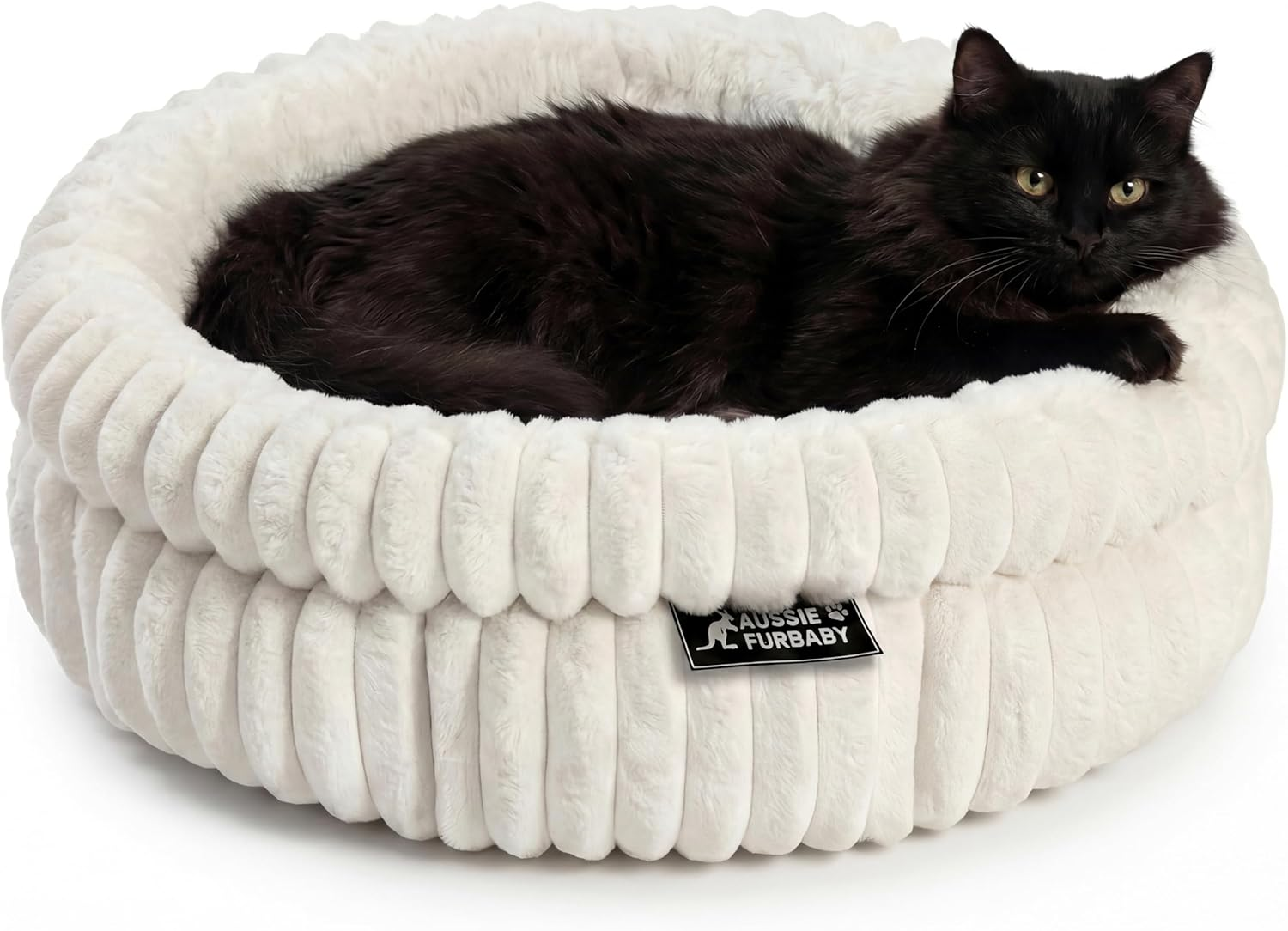Aussie Furbaby Ultra-Plush round Cat Bed for Indoor Cats 50 Cm &ndash; Soft Faux-Fur Donut Cushion with Raised Rim & Anti-Slip Base &ndash; Indoor Pet Bed for Cats, Kittens, Puppies, Small Dog Bed (White, 50Cm) - Grey image number 2