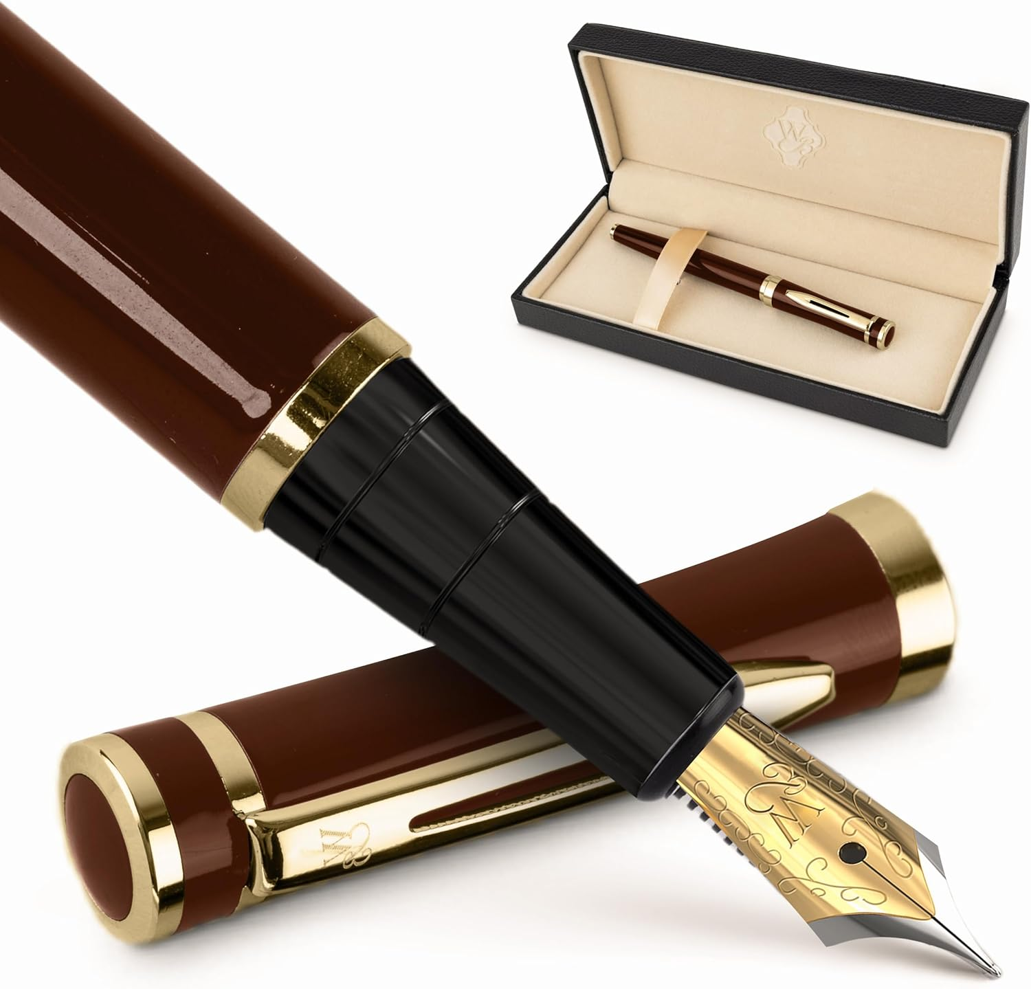 Wordsworth & Black Fountain Pen Set, 18K Gilded Medium Nib, Includes 24 Pack Ink Cartridges, Ink Refill Converter & Gift Box, Gold Finish, Calligraphy, [Brown Gold], Perfect for Men & Women