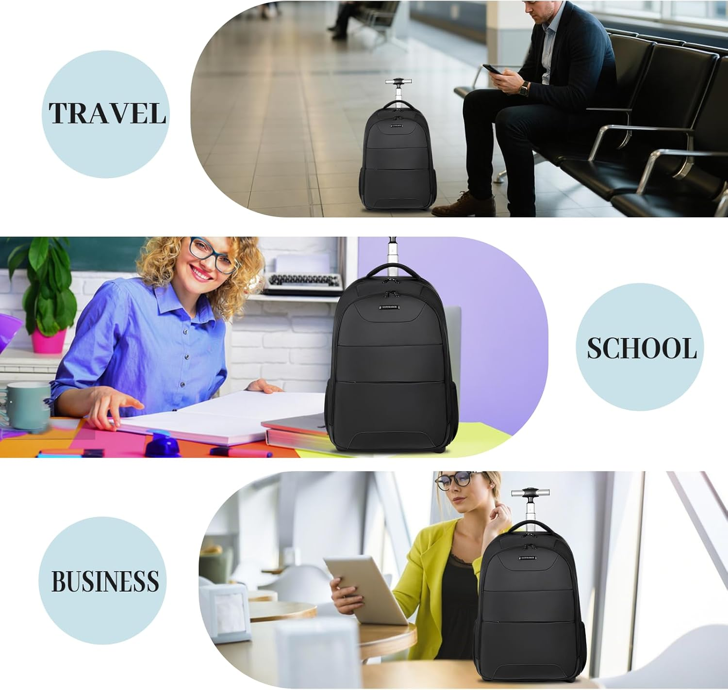 32L Rolling Backpack, Water Resistant Wheeled Backpack, Comfort Casual Durable and Effortlessly to Carry Laptop Books and Documents, Hidden Shoulder Straps for Business Travel image number 2
