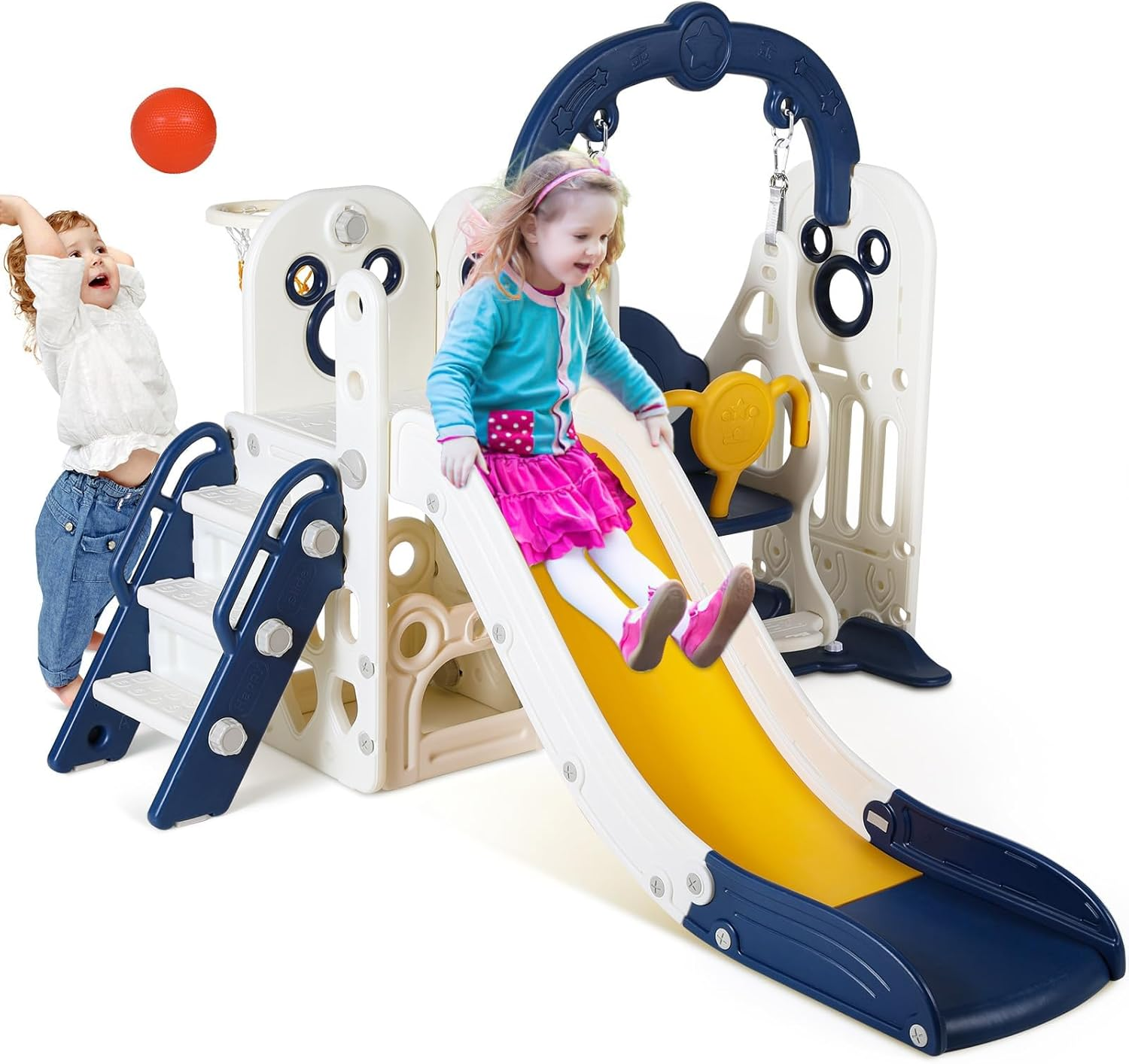 Swing Slide for Kids, 6 in 1 Slide Climber for Toddler, with Ball & Hoop, Storage Space, Suction Cup Reinforced Base, Indoor Outdoor Playground, for Boys Girls Birthday (Dark Blue) image number 1