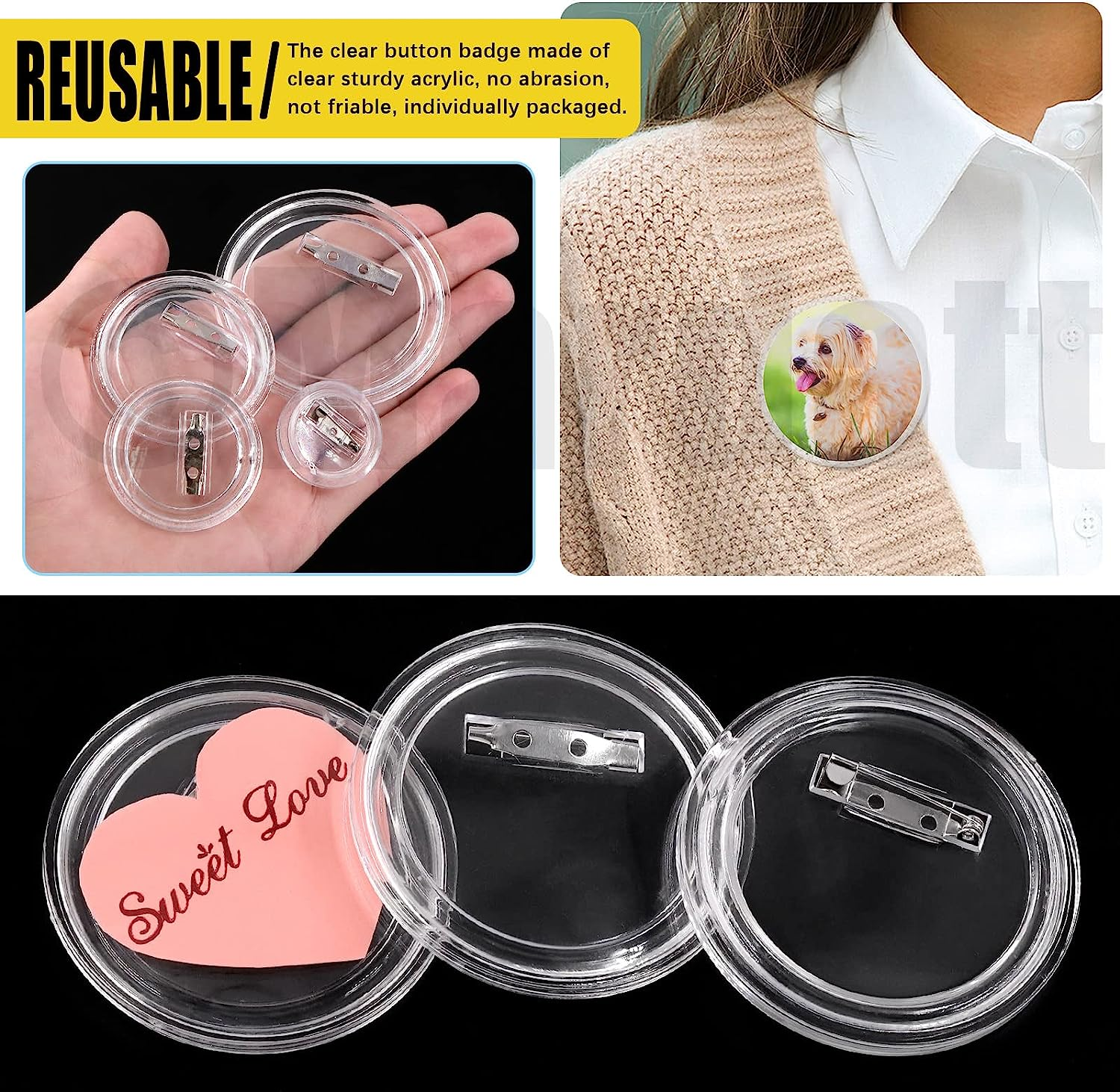 Mardatt 50Pcs 4 Sizes Clear Button Badges Set with Pin, 25/38/45/60Mm Acrylic round Badge Pins Blank Button Picture Custom Design for DIY Making Craft Supplies Christmas Festival Gift image number 6