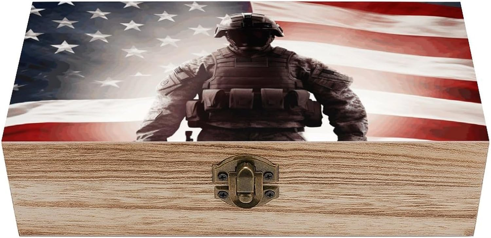 American Soldier Wooden Box Wood Wedding Keepsake Boxes with Lids Small Decorative Boxes Lightweight Wooden Memory Storage Box for Crafts Keepsakes Jewelry Photo Letter Storage image number 5