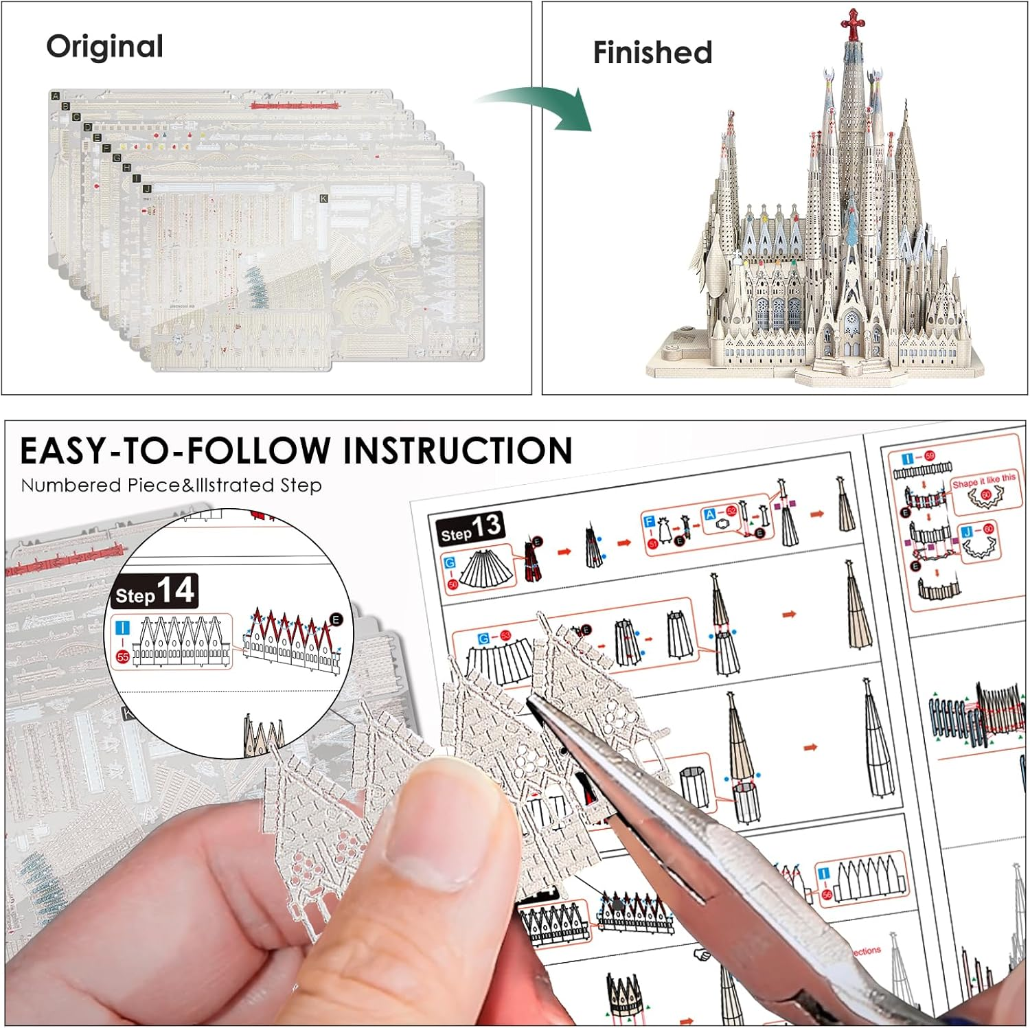 Piececool 3D Metal Puzzles for Adults and Teens, La Sagrada Fam&iacute;lia Metal Model Kit, Challenge Spanish Cathedral Brain Teaser Architecture Building Blocks Puzzle, 450 Pcs image number 6