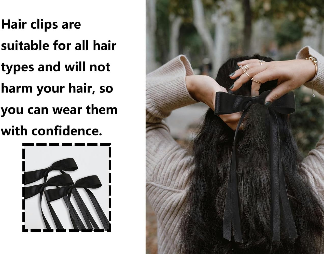 Lhbwhiz Pack of 2 Hair Bows, Silky Hair Clips, Satin Hair Pins, Hair Scrunchie, Band with Bow, Metal Hair Clip, Ponytail Holder, Hair Bow Clip, French Tassel, for Girls Hair Decoration (Black) image number 3