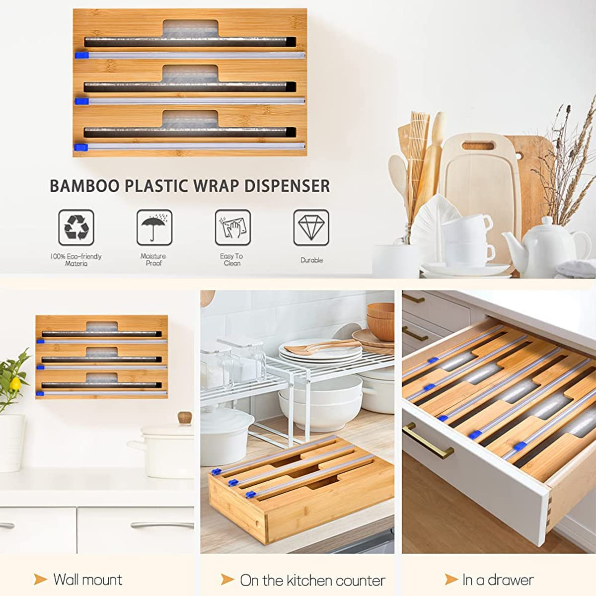 3 in 1 Wrap Dispenser with Cutter, Plastic Wrap, Aluminum Foil and Wax Paper Dispenser for Kitchen Drawer, Bamboo Roll Organizer Holder, Compatible with 12" Roll 2.2" Tall image number 6