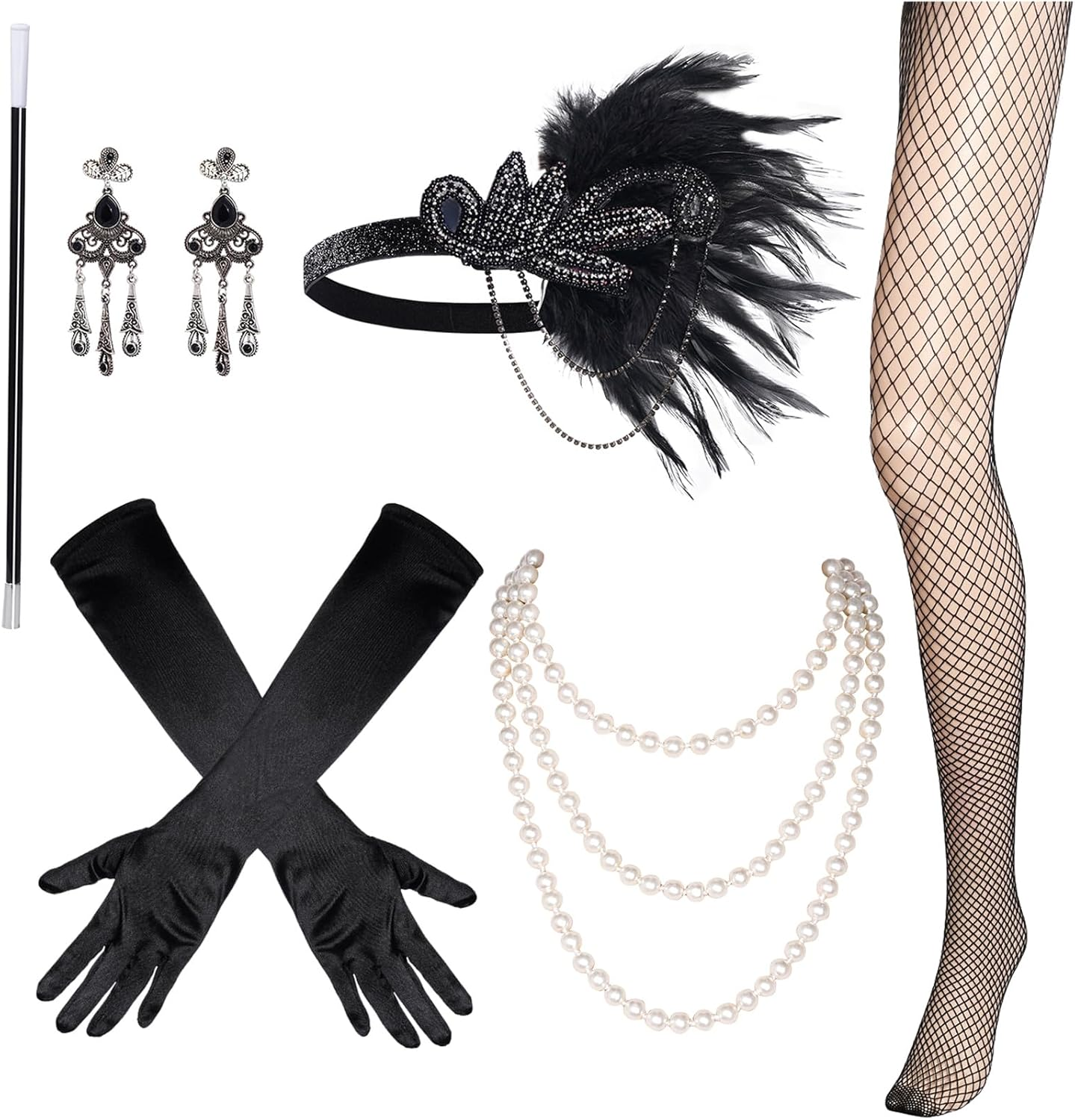 1920S Great Gatsby Accessories Set for Women, Flapper Costume with Earrings Gloves Feather Headband Necklace Magic Wand Fishnet Socks for Tea Party image number 4