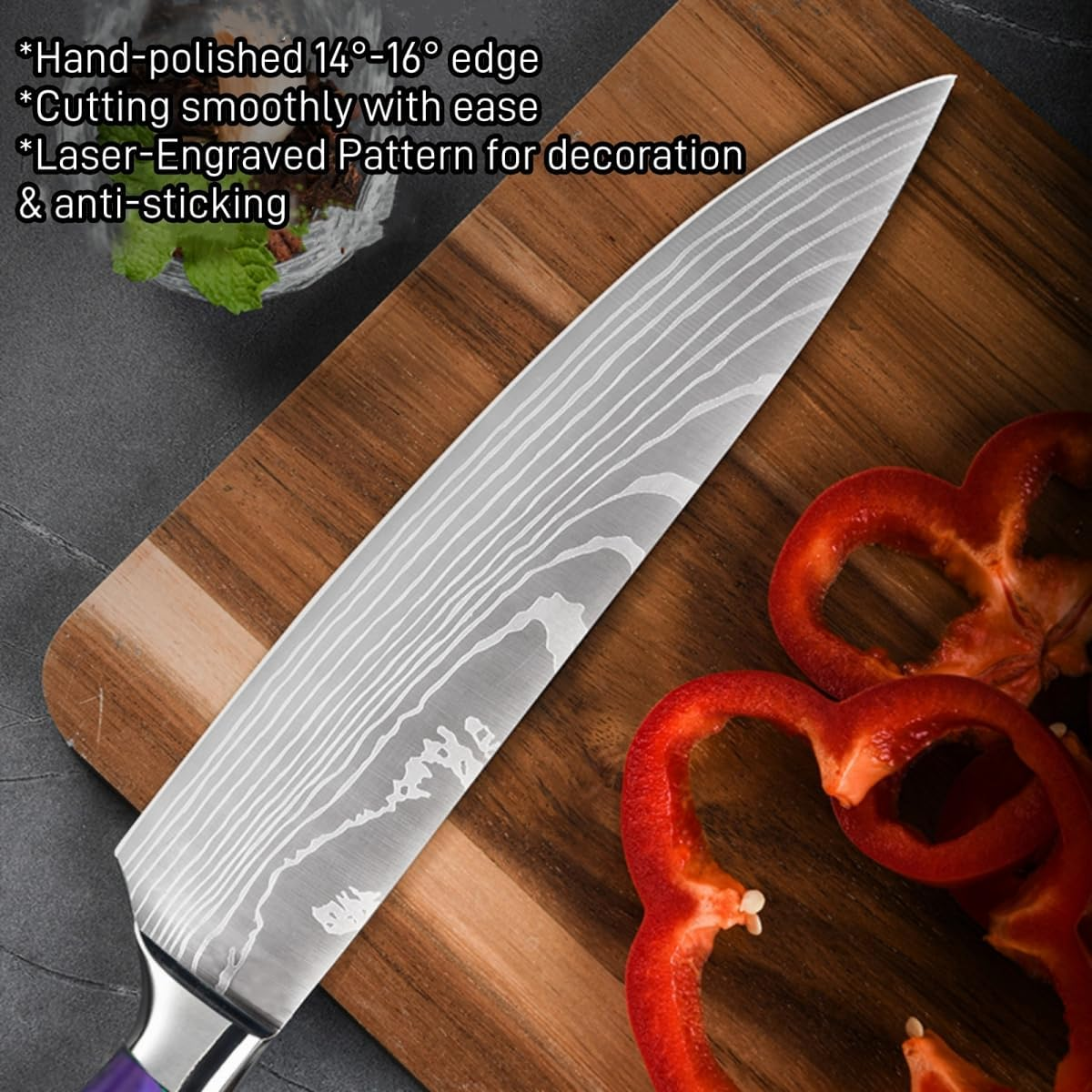 WILLKOMMEN Professional Chef&rsquo;S Knife 8 Inch, High Carbon Stainless Steel Kitchen Knife, Ultra Sharp Cooking Knife Blade Thickness 2.5 Mm, Laser-Engraved Pattern, Resin Handle (Grape Purple) image number 5