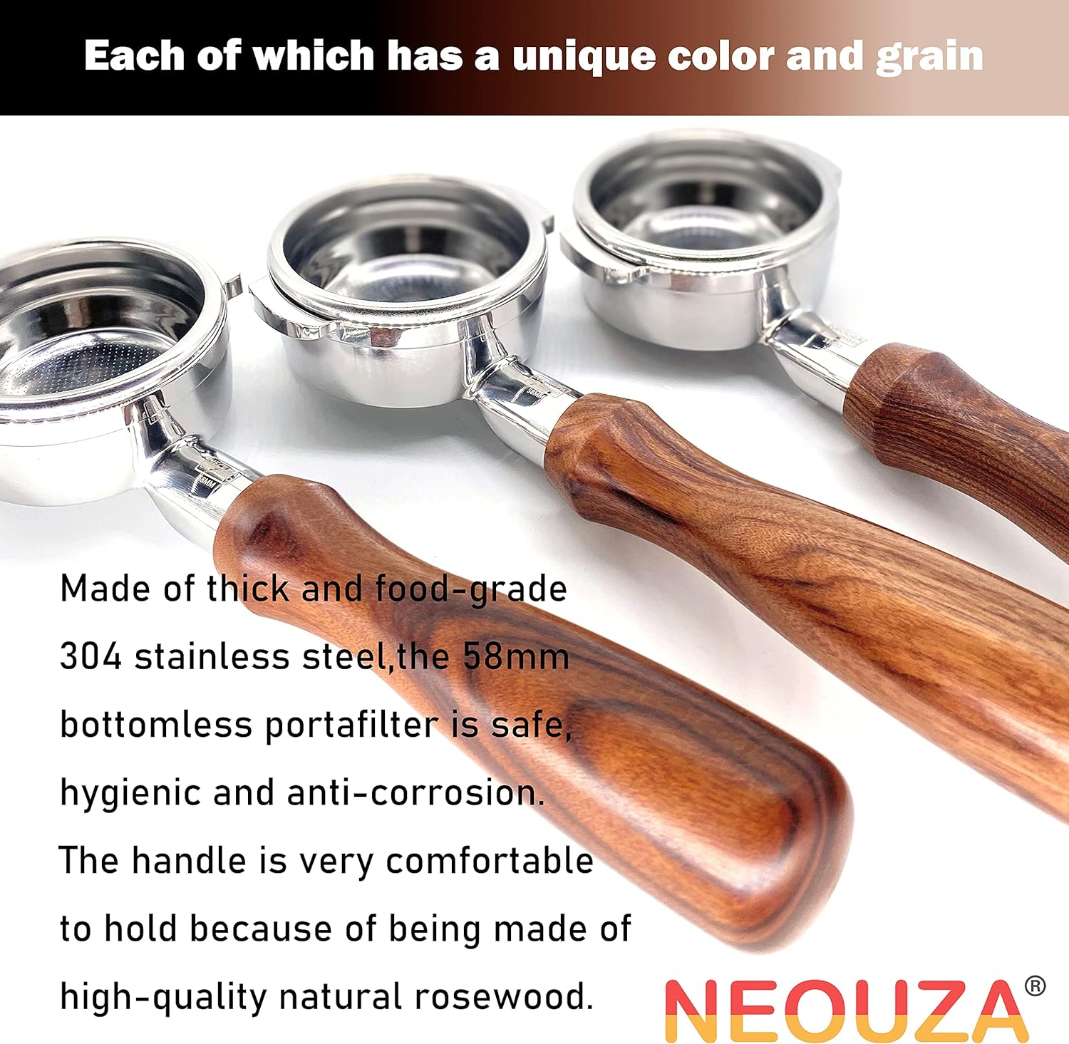 NEOUZA 58Mm Bottomless Portafilter Compatible with Breville BES900XL, BES920XL, BES980XL, BES990BSS Espresso Machine, 304 Stainless Steel Two Ears, Basket, Spoon,Tamper Mat,Brush image number 3