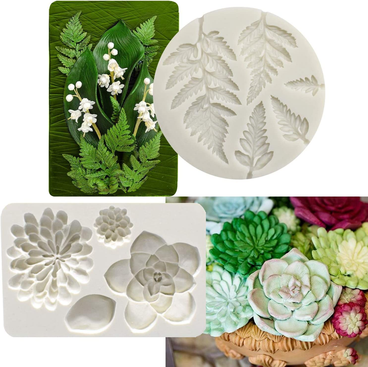 2PCS Fondant Mold Succulent Silicone Fondant Mold Fern Fondant Mold Succulent Leaves Silicone Candy Molds Cake Decoration Molds Gumpaste 3D Silicone Molds for Polymer Clay, Cupcakes, Resin Sugarcraft image number 3