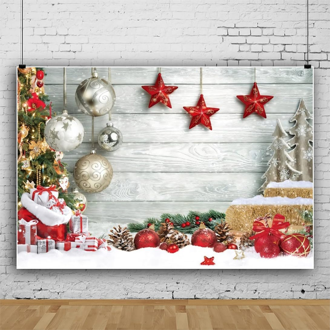 White Christmas Wooden Backdrop Winter Snow Wood Floor Photography Background Xmas Tree Gift Winter Holiday Family New Year Party Decoration Photo Props Family Holiday Party Supplies 10X8Ft image number 6