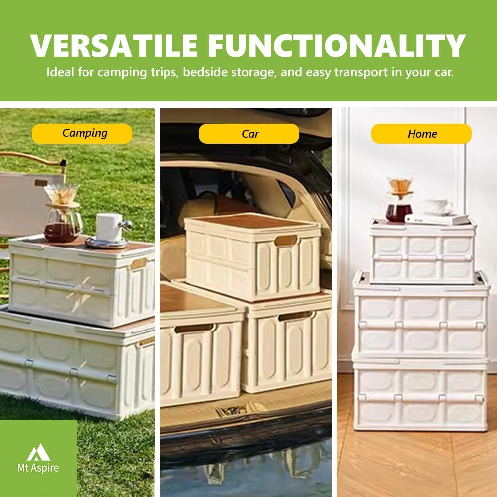 Mt Aspire Folding Camping Storage Box with Wood Lids, 30L Picnic Basket, Food Carrier for Outdoor, Fishing and Hiking, Multipurpose Organizer with Handle, White image number 1