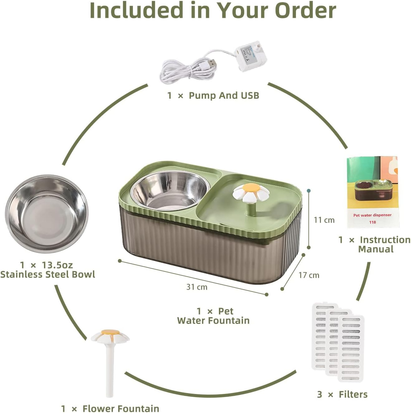 Cozioz Cat Water Fountain and Food Bowl, 3L/101Oz Ultra-Quiet Pet Water Dispenser with Smart Pump, 3 Replacement Filters, Automatic Flower Fountain, and Stainless Steel Bowl (Black & Green) image number 4