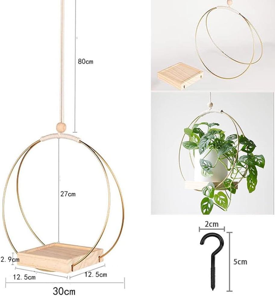 Hanging Planter with Wood Base, Modern Macrame Plant Hanger for Indoor Outdoor Wall Ceiling Window Boho Home Decoration, Gold (Planter/Plants Not Included) image number 2