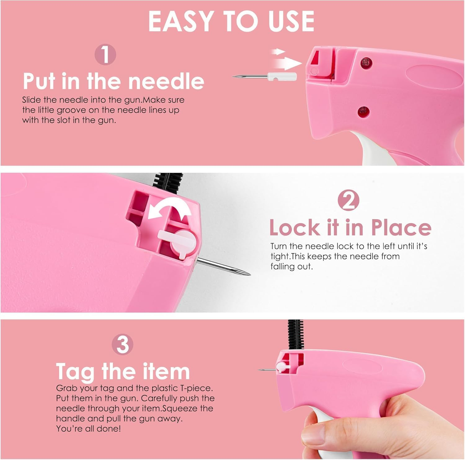 Stitchy Gun for Clothes - Handheld Stitch Gun Quick Clothing Fixer - Mini Stitch Tagging Gun - Includes 5 Needle, 1000 Black Fasteners & 1000 White Fasteners (Pink) image number 4