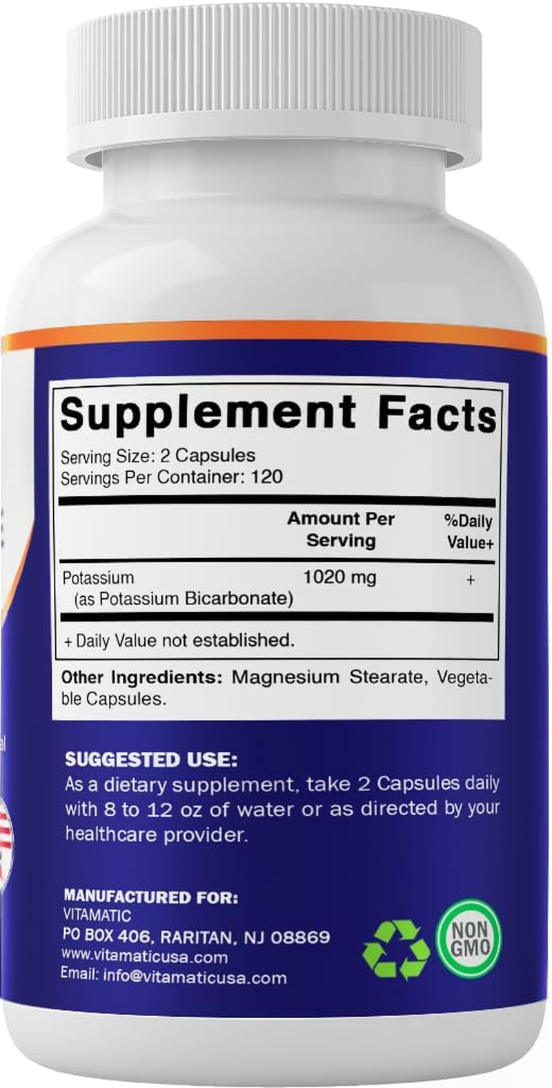 Vitamatic Potassium Supplement, 1020 Mg, 240 Vegtable Capsules - Non-Gmo - Gluten Free - Made in USA image number 4