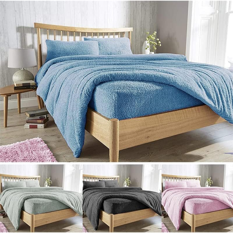 Super Warm Teddy Bear Fleece Sheet Set Flat Fitted Sheet All Size Winter Thermal (King Single, Grey)