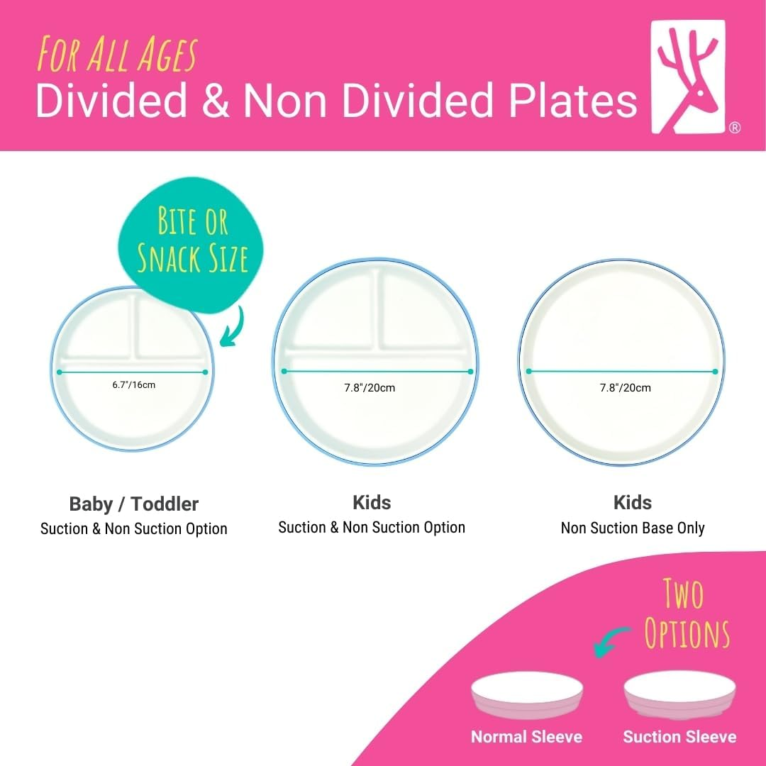Elk and Friends Kids 7.8&rdquo; Porcelain White Divided Plates with Silicone Suction Sleeves + Lids | Suitable for Babies/Toddlers | Microwave & Dishwasher Safe | Stay Put Dinnerware | Snack Dishes | 4 Pack image number 4