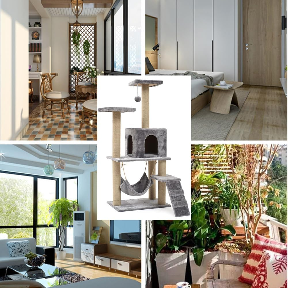 Large Multi-Level Cat Climbing Frame Condo Furniture with Sisal-Covered Scratching Posts, 1 Bigger Plush Condos, Perched Platforms and Dangling Balls, Perch Hammock for Kittens, Cats and Pets