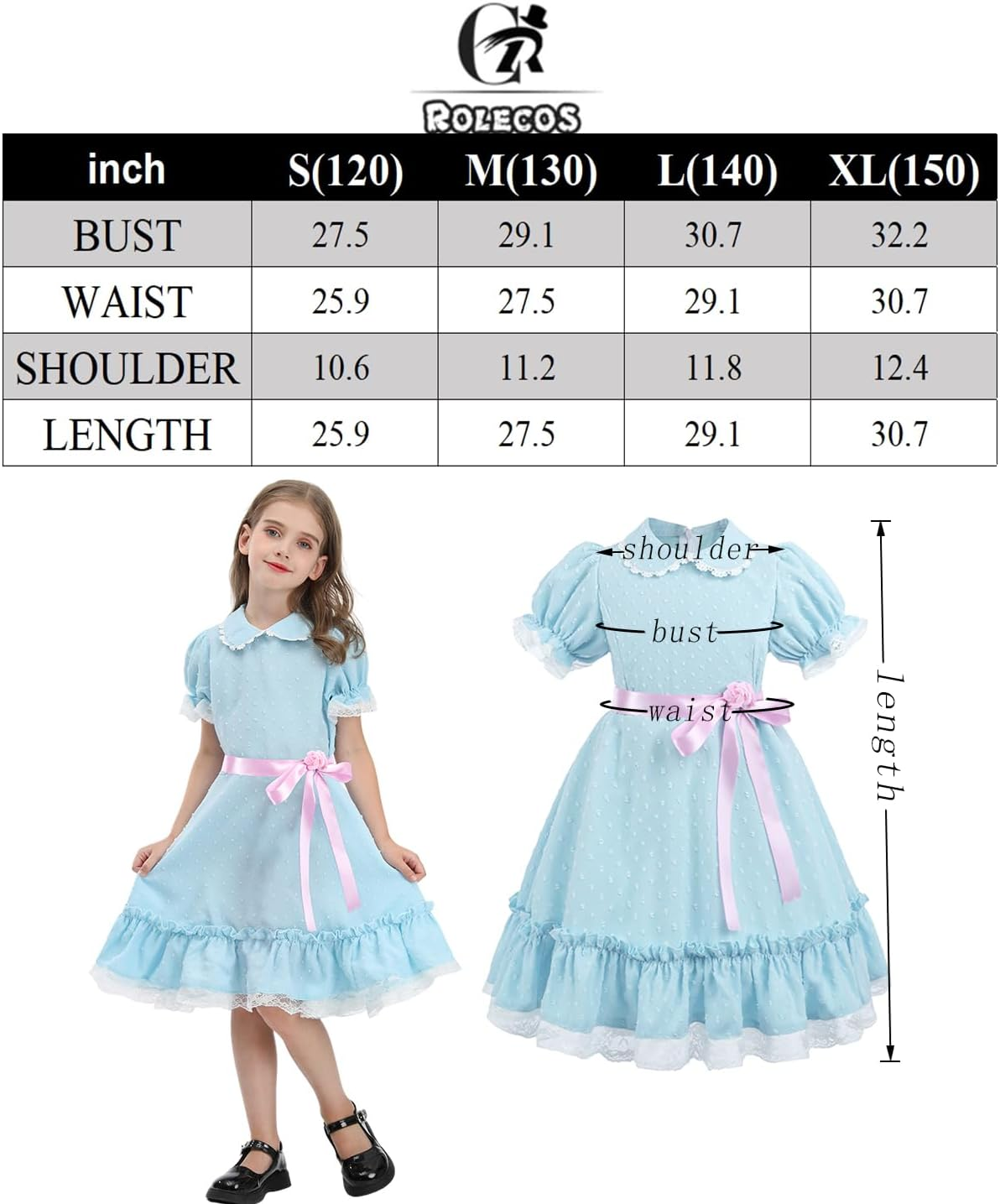 CR ROLECOS Girls Blue Chiffon Dress Puff Sleeve Halloween Party Cosplay Costume image number 5