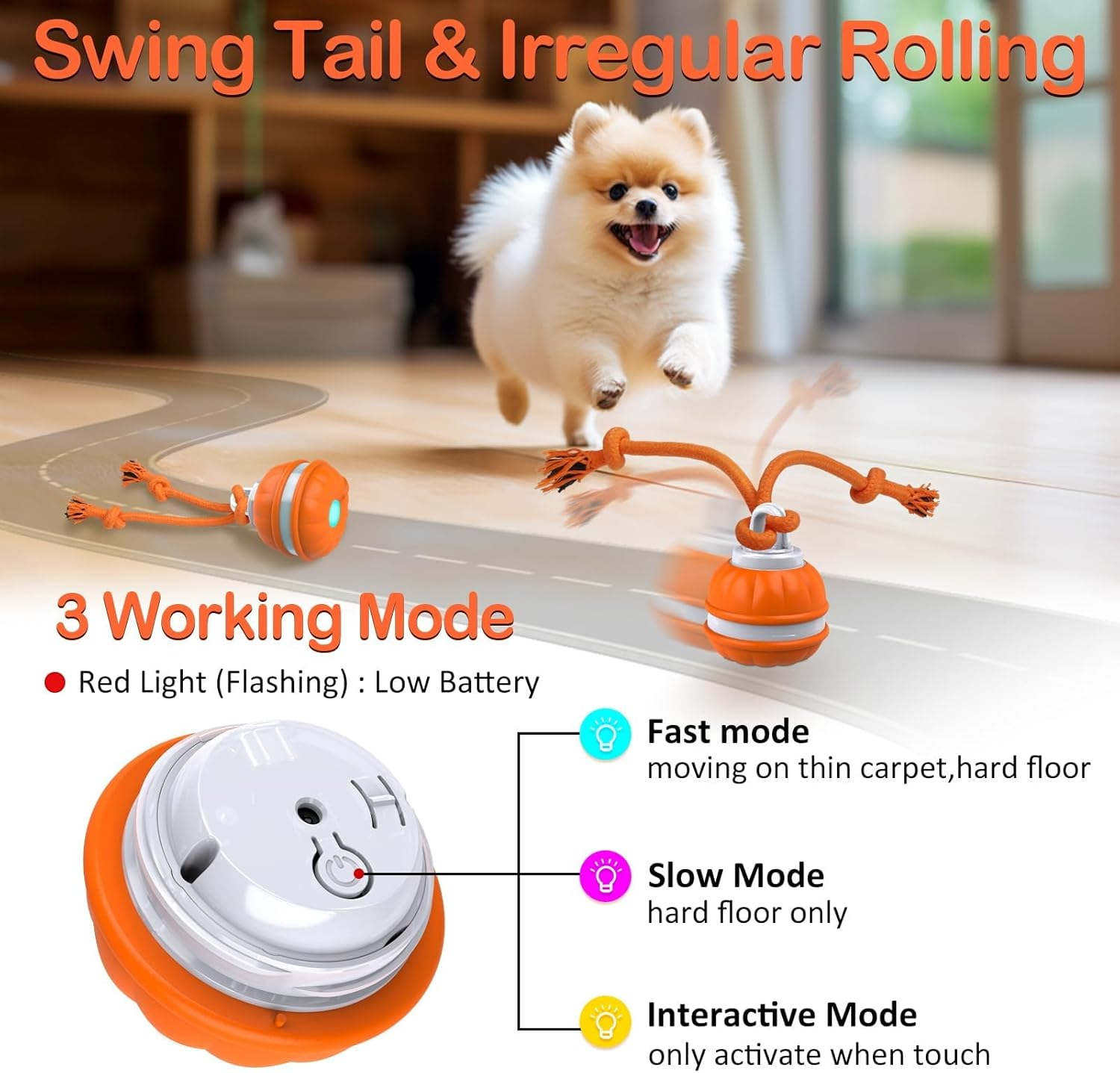 Touch Activated Dog Ball Toys, USB Rechargeable Squeaky Interactive Rolling Dog Toy Balls, Automatic Moving Wicked Ball with Fun Rope for Medium Small Dogs Puppy Pets - Orange image number 3