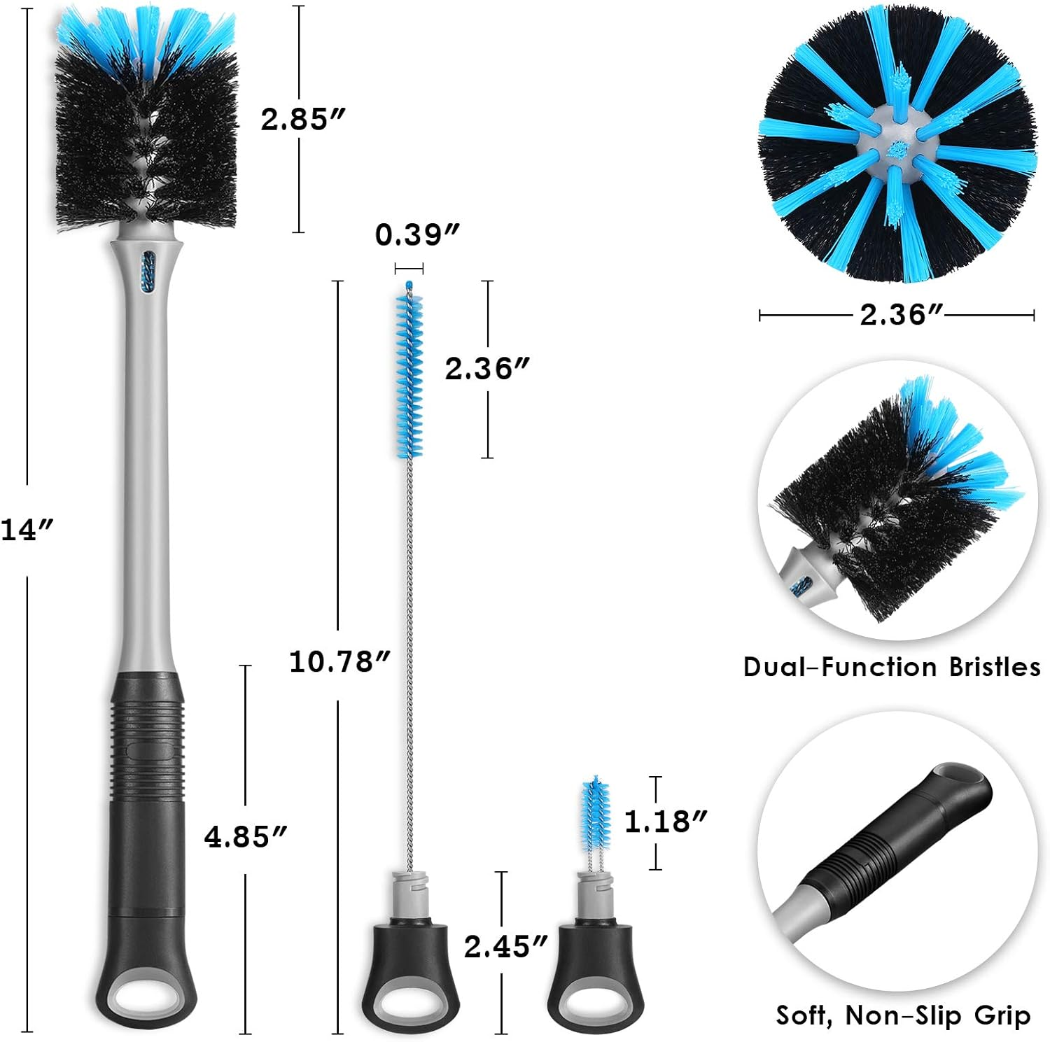 MOSOLAN 3-In-1 Bottle Brush with Straw Cleaning Brush and Nipple Cleaner, Long Handle Water Bottle Scrubbing Brush, Built for Cleaning Sport Bottles, Baby Bottles, Coffee Mugs, Flask image number 3