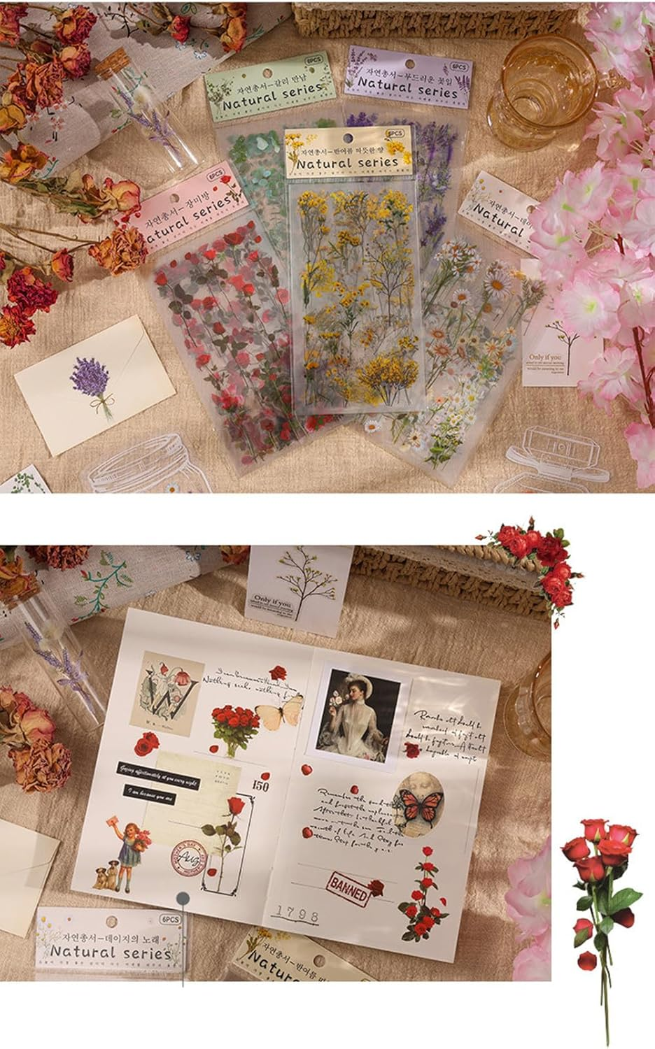 Scrapbooking Supplies Stickers (720Pcs /8Pack), Vintage Transparent Decorative Pretty Retro Floral Stickers Set, Nature Themes Stickers, for Scrapbooking Journaling DIY image number 4