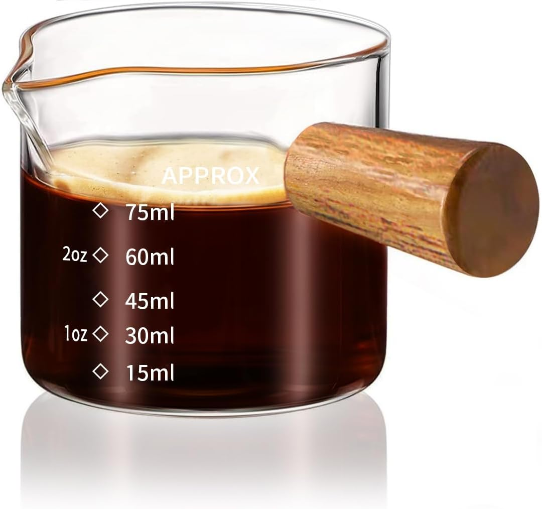 YARRAMATE Espresso Shot Cup with Wood Handle, Clear Glass Accessories, Measuring Cup with Dual Scale, Single Spout Shot Glass, 3.4Oz/100 ML image number 6