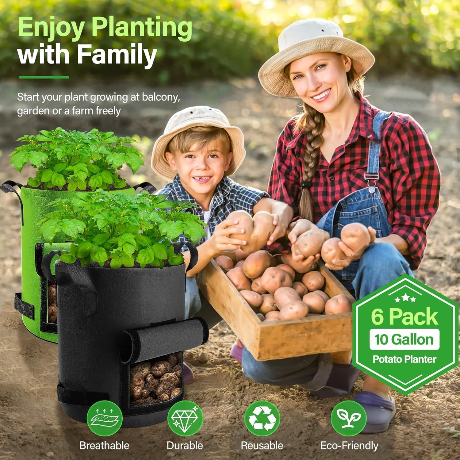 6 Pack，10 Gallon Potato Grow Bags，Potato Bags for Growing Potatoes,Garden Planting Pot with Durable Handle and Harvest Window, Thickened Nonwoven Fabric Container for Potato, Tomato, Carrot 35*35*40Cm image number 3