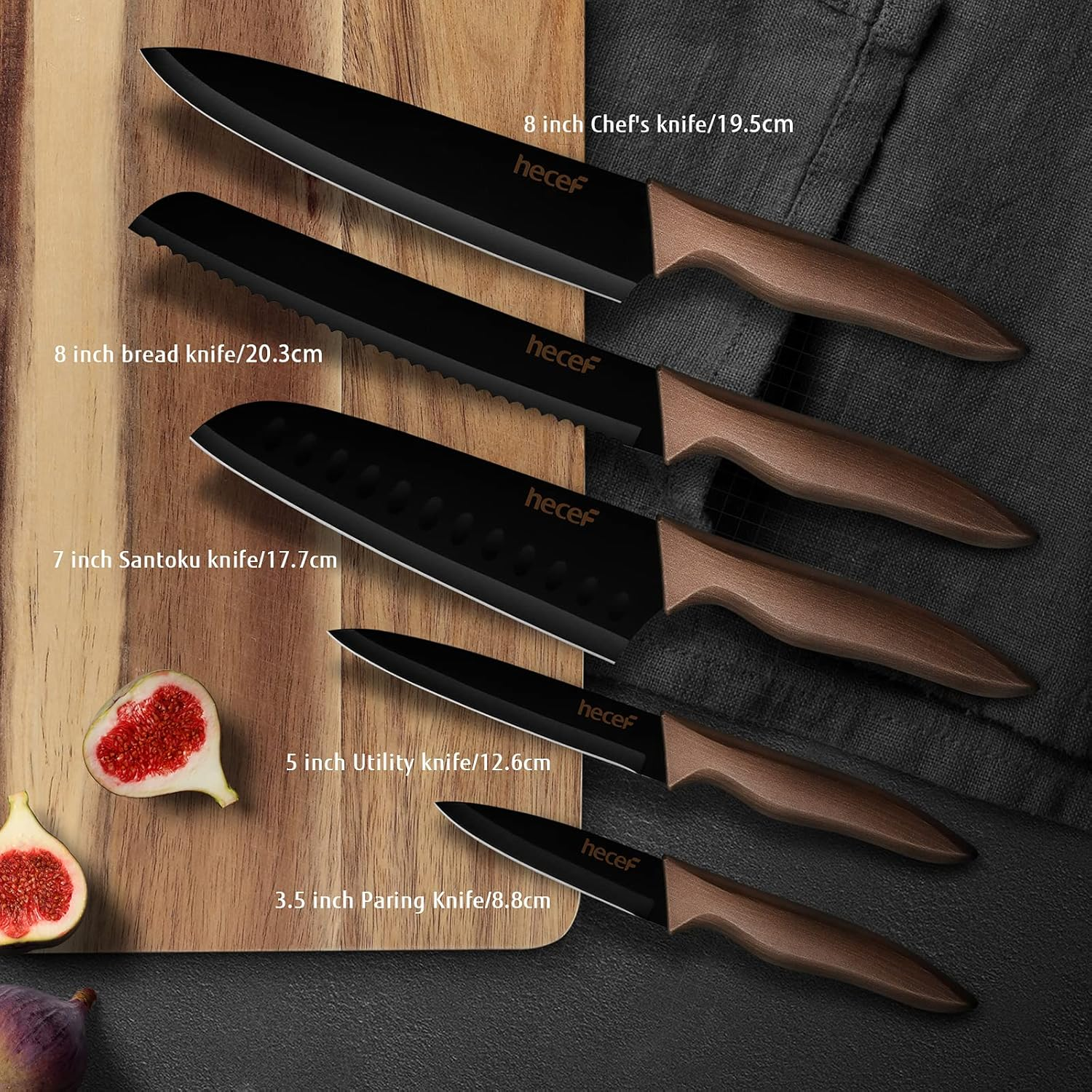 Hecef Kitchen Knife Sets Stainless Steel Non Stick Color Coating Blade Knives Includes 8'' Chef 8'' Bread 7'' Santoku 5''Utility and 3.5'' Paring