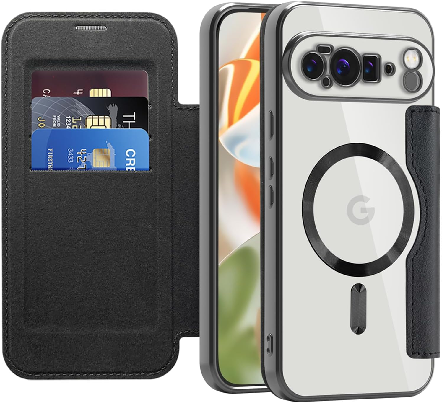 IMEIKONST Magnetic Case for Google Pixel 9 Pro XL Compatible with Magsafe, Premium PU Leather Flip Card Holder Clear Shockproof Protective Mobile Phone Case for Google Pixel 9 Pro XL Dark Blue JDCX