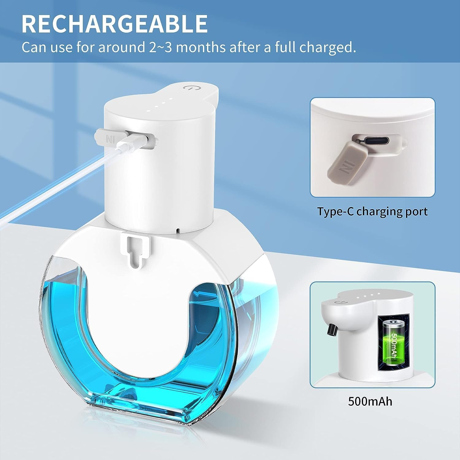 Automatic Foam Soap Dispenser, 420ML Infrared Hand-Free Touchless Soap Dispenser, Dish Liquid Shampoo Rechargeable Auto Hand Soap Dispenser (Foam Soap) - Liquid image number 4
