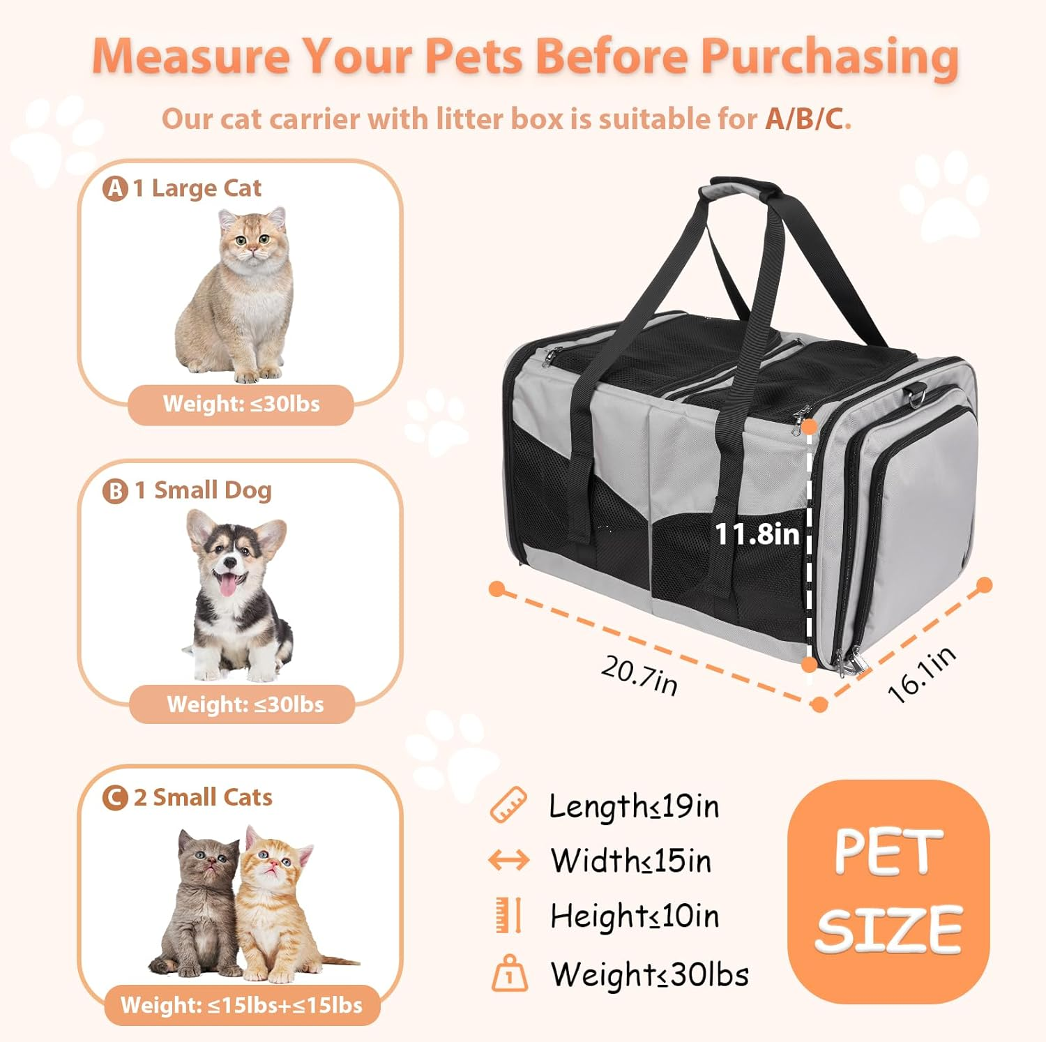 Cat Travel Carrier with Litter Box, Expandable Cat Carrier for 2 Cats for Traveling, Soft Sided Pet Carrier for Cats and Dogs up to 30Lbs, Grey