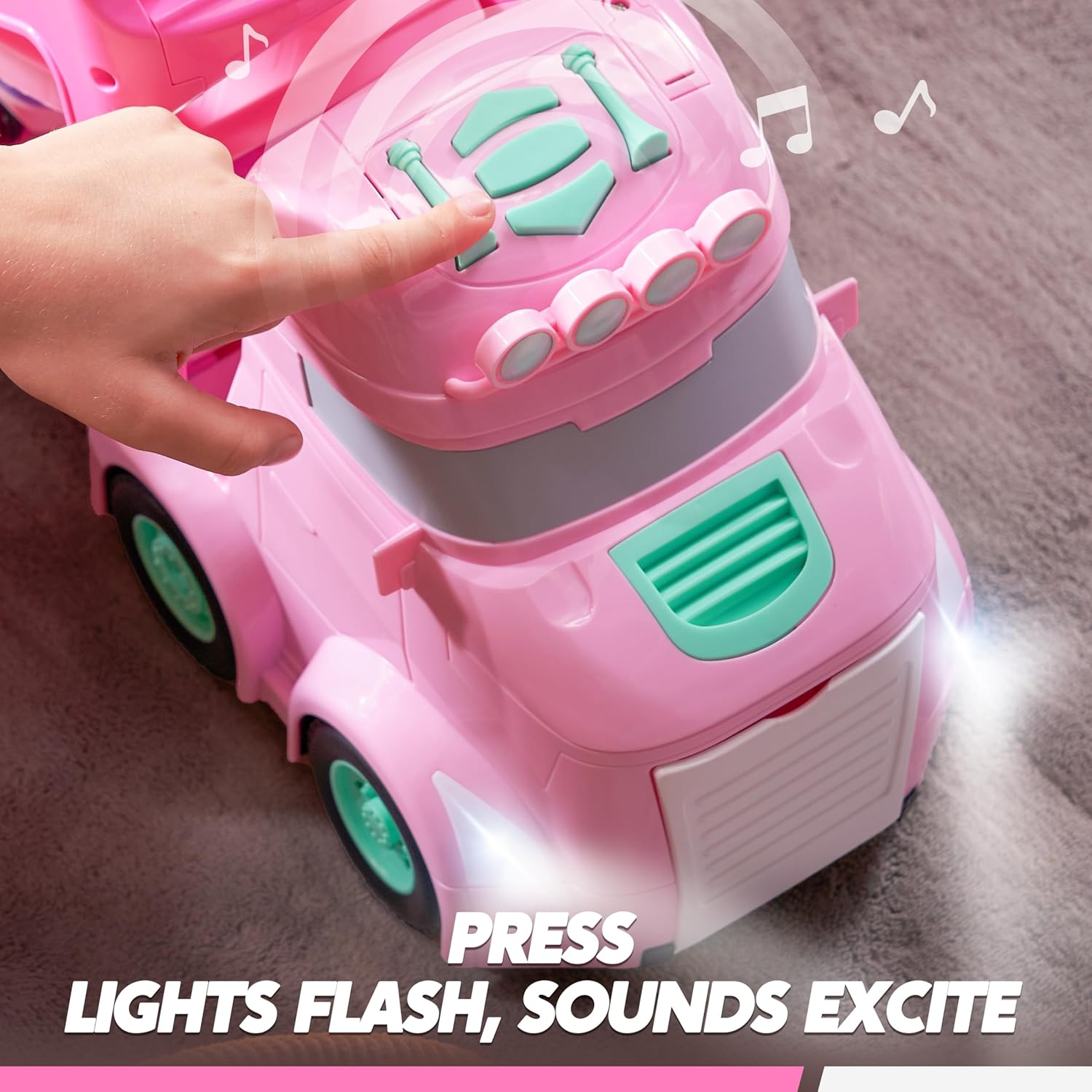 VROOMIX 3-Layer Extra Large Princess Pink Truck Toys for Girls, 7-In-1 Big Transport Vehicle Carrier Truck with Directional Tracks, Siren & Lights, 6 Cars, Chrismas Birthday Gifts for 3+ Years Old image number 4