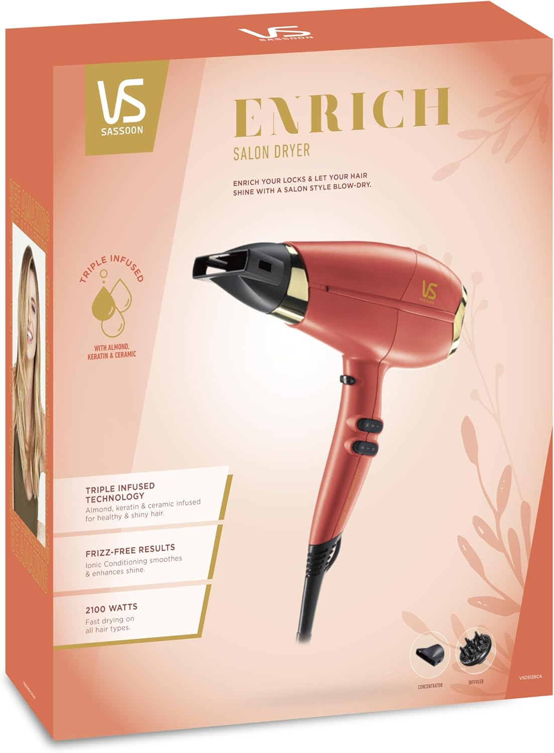 VS Sassoon Enrich Salon Hair Dryer, HTDC Motor, 2100 Watts, 3 Heat & 2 Speed Settings, Cool Shot, Triple Infused Technology, Almond, Keratin & Ceramic for Smooth Shiny Results. Includes Concentrator & Diffuser. Coral (VSD5126CA) image number 2