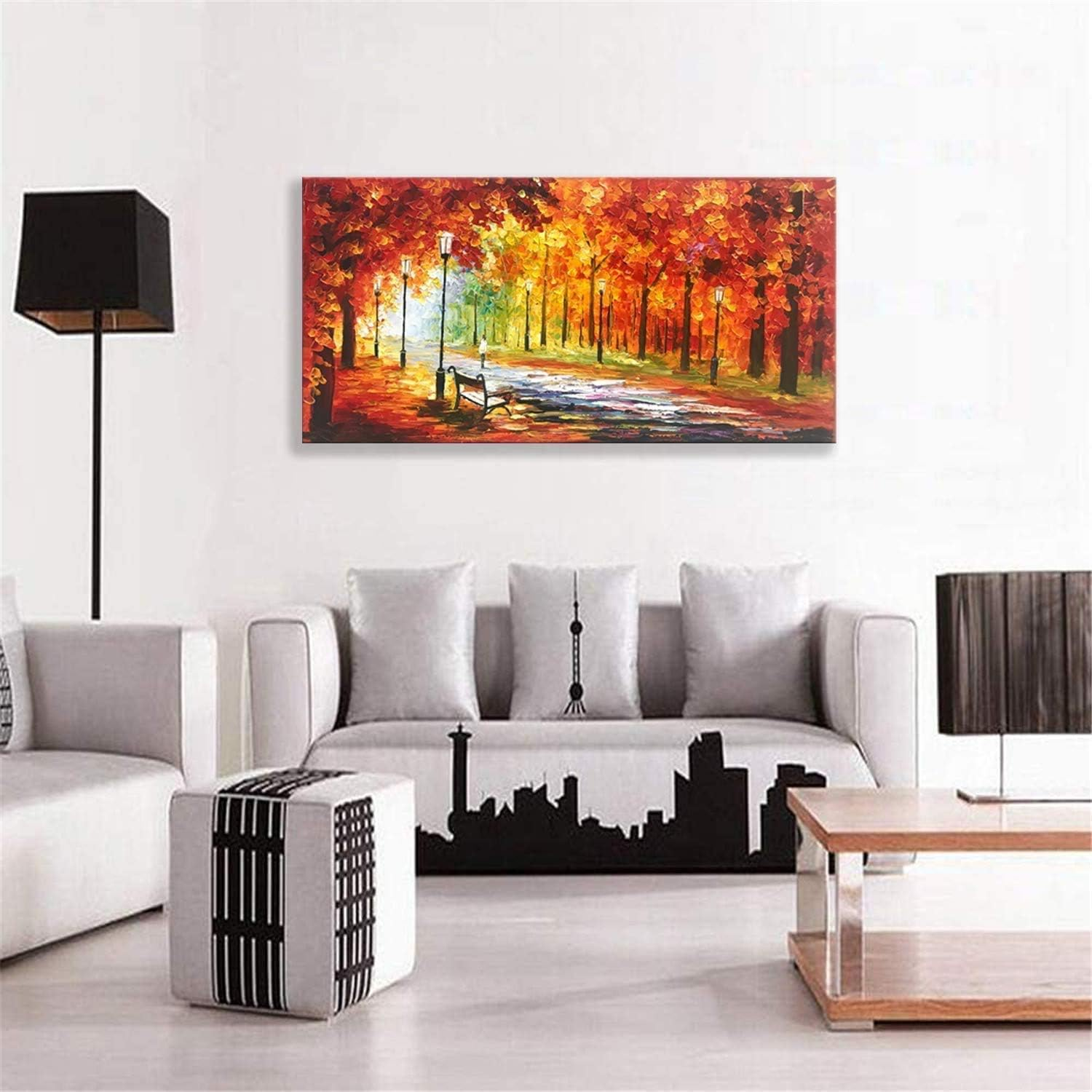 Framed Oil Painting,Hand Painted Modern Abstract Textured Big Wall Paintings,Can Be Hung Home Decoration Large Canvas Wall Art,Golden Autumn Forest Sightseeing (80 X 40 Cm) image number 1