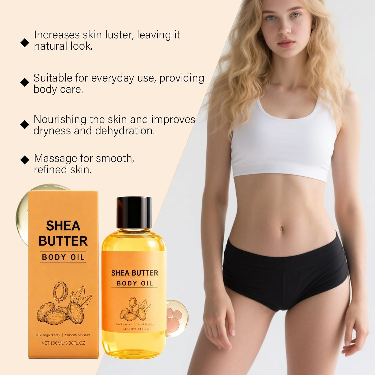 Shea Butter Body Oil, Deeply Moisturizing & Hydrating Body Oil for Sensitive and Dry Skin, Nourishing and Soothing Damaged Skin, Long Lasting Refreshing Non-Greasy (1Pcs) image number 6