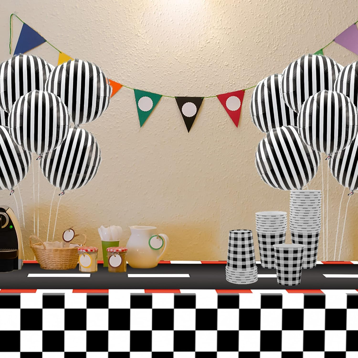 2 PCS Racing Car Plastic Tablecloths Car Theme Disposable Party Tablecloths Black Checkered Flag Table Covers Racetrack Rectangular Tablecloth for Boys Birthday Baby Shower Home Decor, 54 X 108 Inch