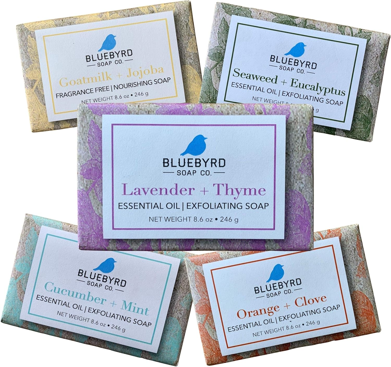 BLUEBYRD 5-Pack Essential Oil Exfoliating Soap Bars Boxed Variety Set, Scented Natural Bar Soap Gift Set, Cucumber Mint/Fragrance Free Goat Milk Jojoba/Lavender Thyme/Orange Clove/Seaweed Eucalyptus image number 2