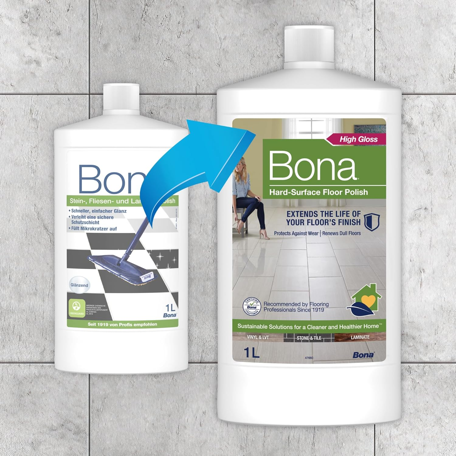 Bona Stone, Tile & Laminate Polish 1L - Hard Surface Floor Maintenance - Revives Scratched & Dull Surfaces - Ready to Use Formula for 50 Square Meters