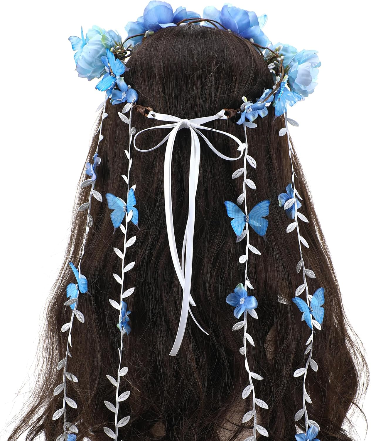Partyforu Blue Flower Crown Headpiece for Women, Flower Headband with Butterfly, Bohemian Vine Crown, Hippie Flower Headpiece for Wedding, Party, Bridal Shower, Renaissance image number 3