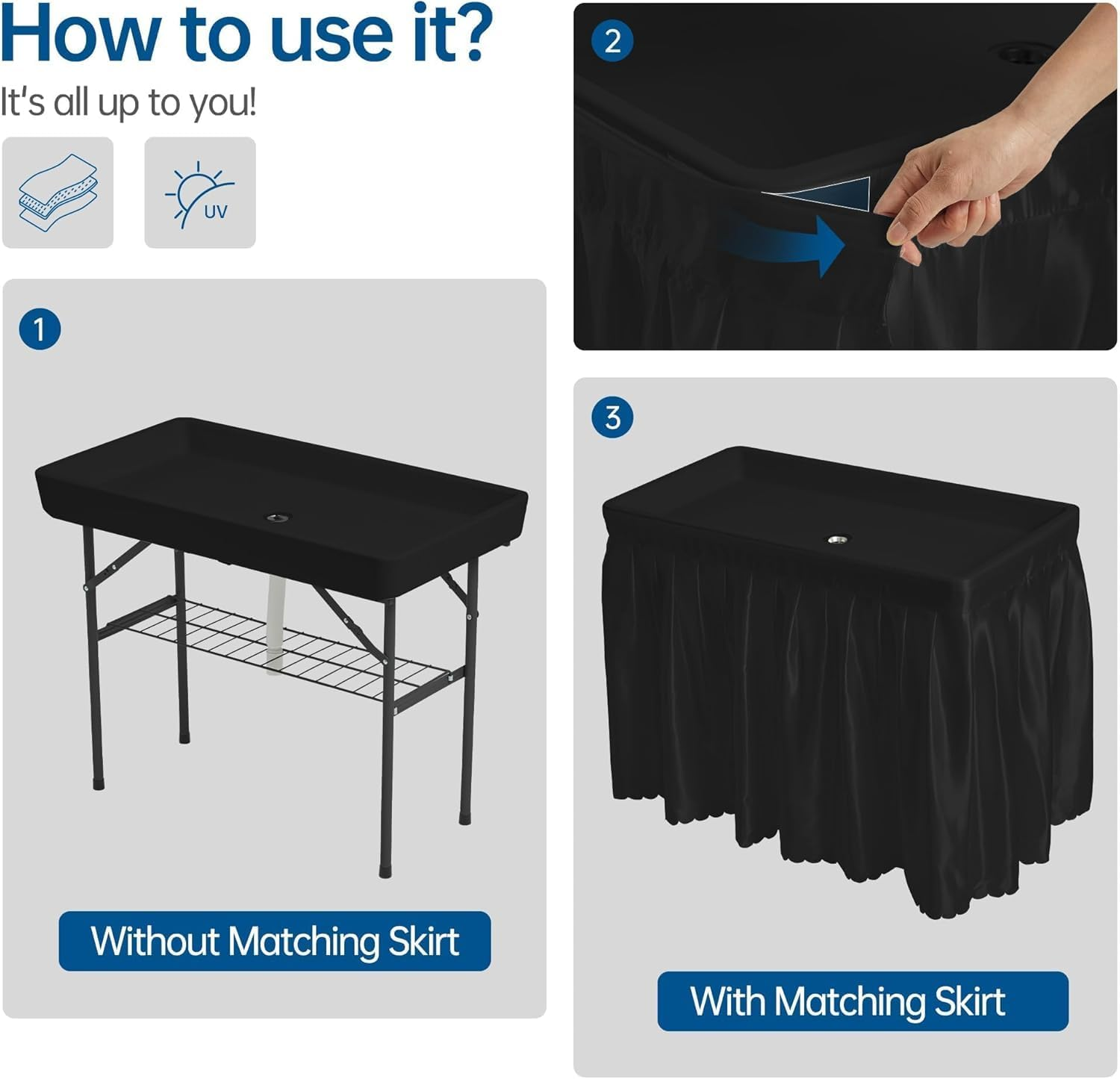 Outdoor Ice Cooler Folding Table, Portable Tailgate Camping Fishing Cleaning Table, Plastic with Matching Skirt, Ice Table for Party, BBQ, Camp, Picnic, Wedding (Black) image number 1