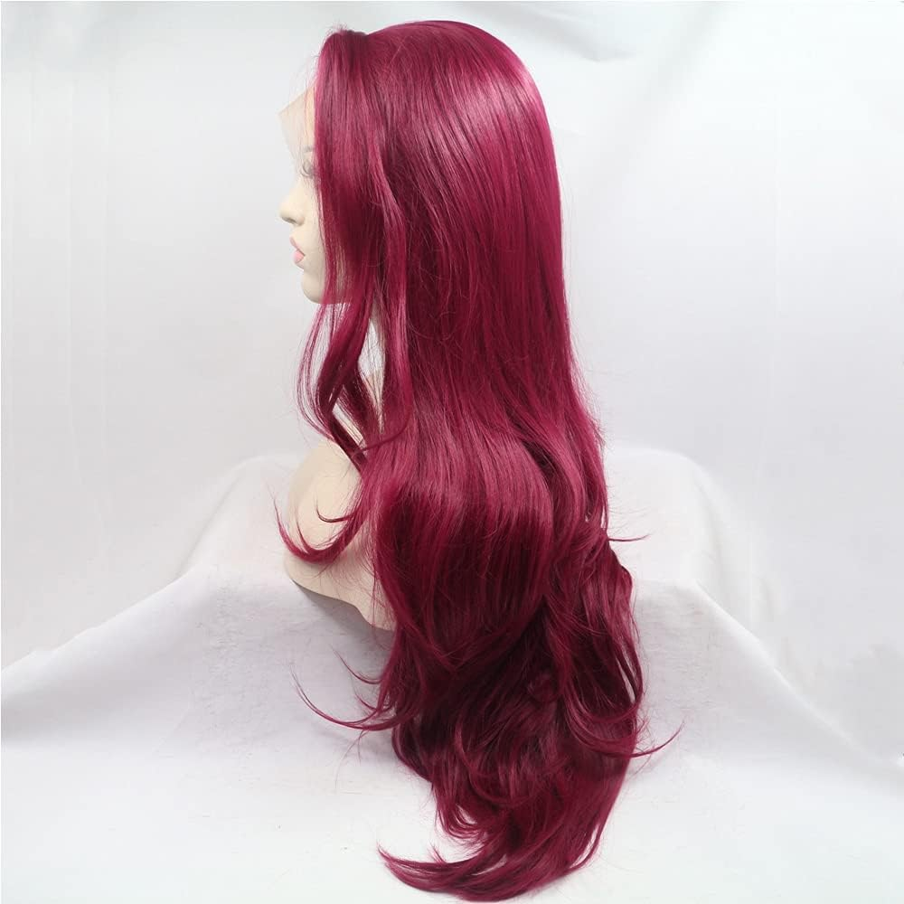 Xiweiya Burgundy Wavy Hair Long Wine Red Wig Side Parting Soft Lace Front Wig Heat Resistant Drag Queen Wigs Replacement Wig Cosplay Wigs 24 Inch image number 4