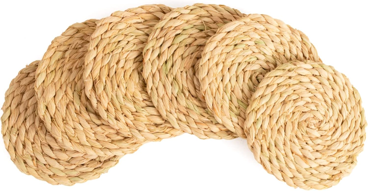 KAZI Essentials Boho Coasters for Drinks - Set of 6, Natural Wicker Raffia Woven Coasters, Eco-Friendly Handmade by African Artisans, Housewarming Gift, Coastal, Cottage D&eacute;cor (Natural Raffia) image number 3
