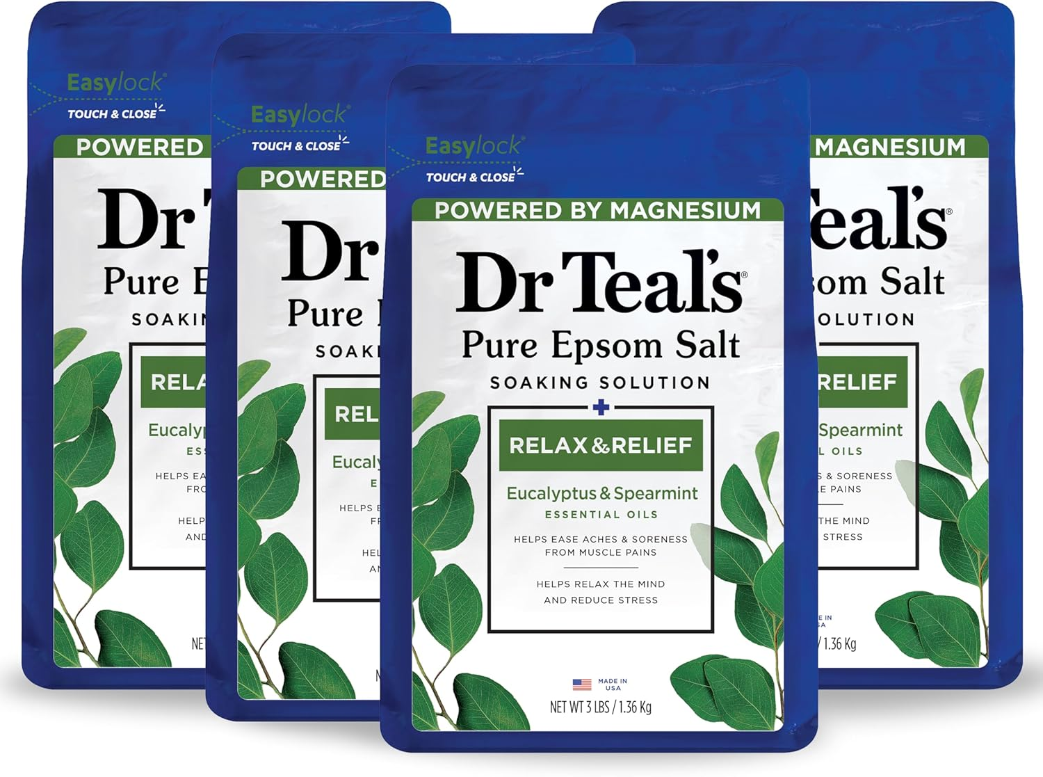 Dr Teal'S Pure Epsom Salt, Relax & Relief with Eucalyptus and Spearmint, 3 Lb (Pack of 4) (Packaging May Vary) image number 5