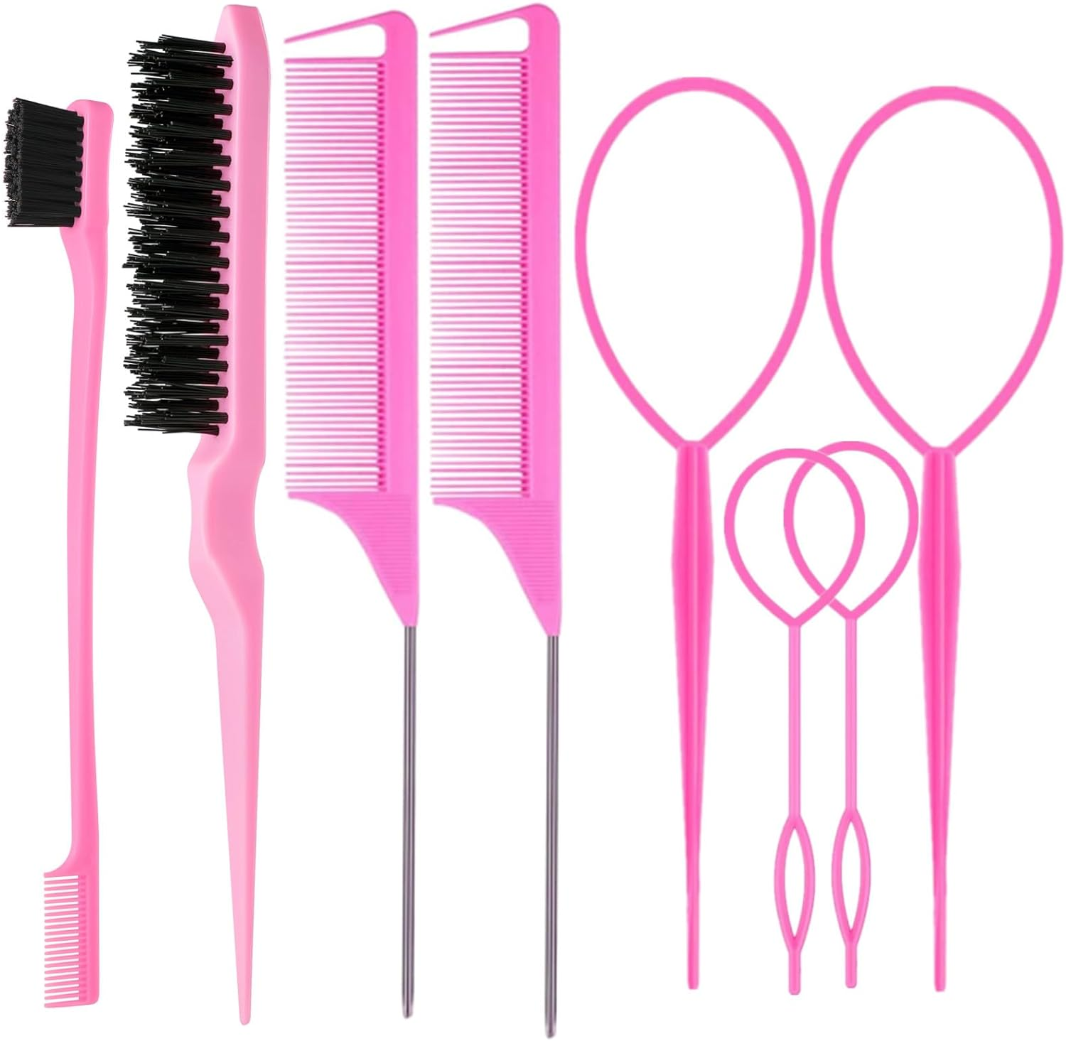 ZVOREI 8Pcs Hair Brushes Set with 4Pcs Topsy Hair Tail Tools 1Pcs Bristle Teasing Hair Brush 1Pcs Edge Control Brush 2Pcs Metal Pin Rat Tail Combs for Woman Girl Styling,Edge&Back Brushing Pink